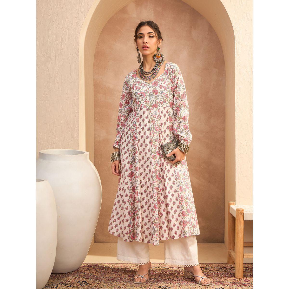 Sassafras White Floral Sweetheart Neck Anarkali Kurta-women-clothing-ethnicwear-kurtas-image-7