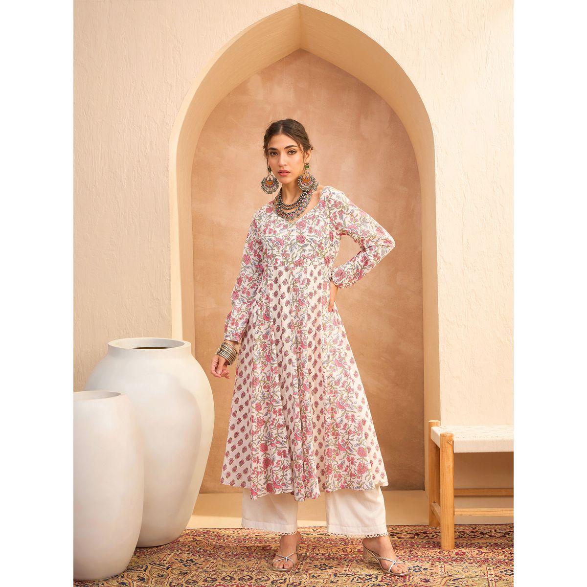 Sassafras White Floral Sweetheart Neck Anarkali Kurta-women-clothing-ethnicwear-kurtas-image-8