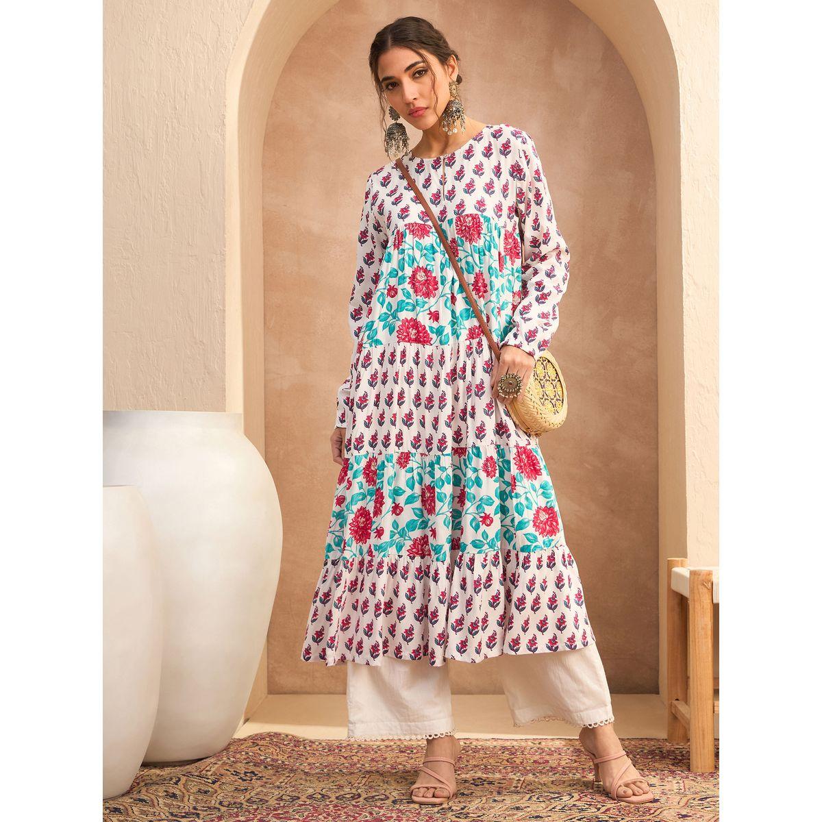 Sassafras White Floral Print Tiered Kurta-women-clothing-ethnicwear-kurtas-image-1