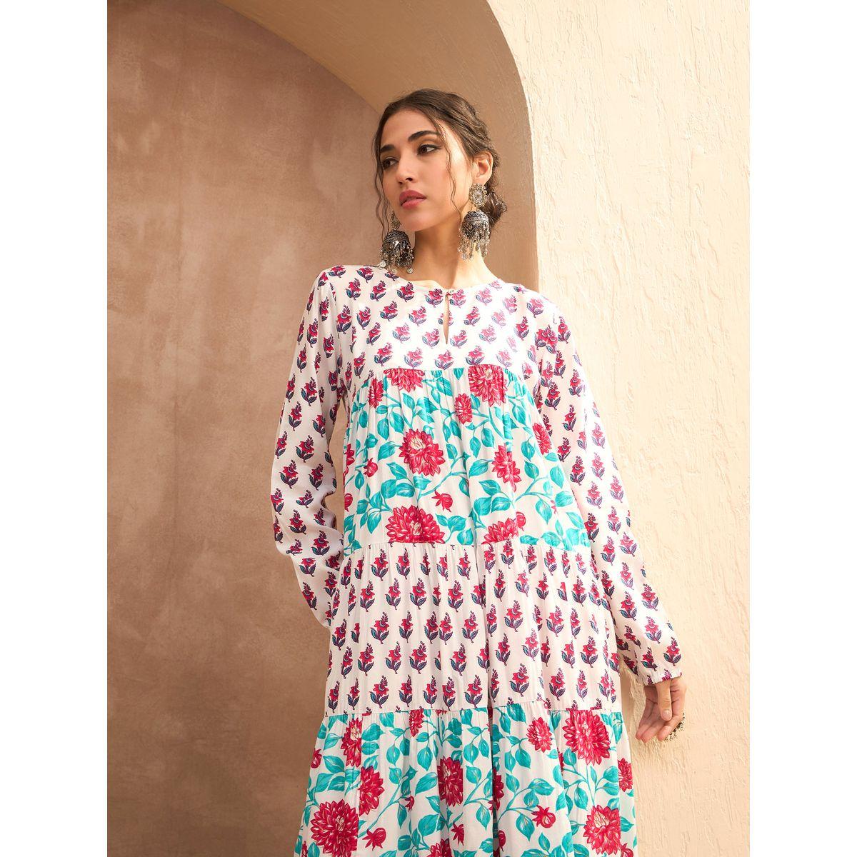 Sassafras White Floral Print Tiered Kurta-women-clothing-ethnicwear-kurtas-image-2