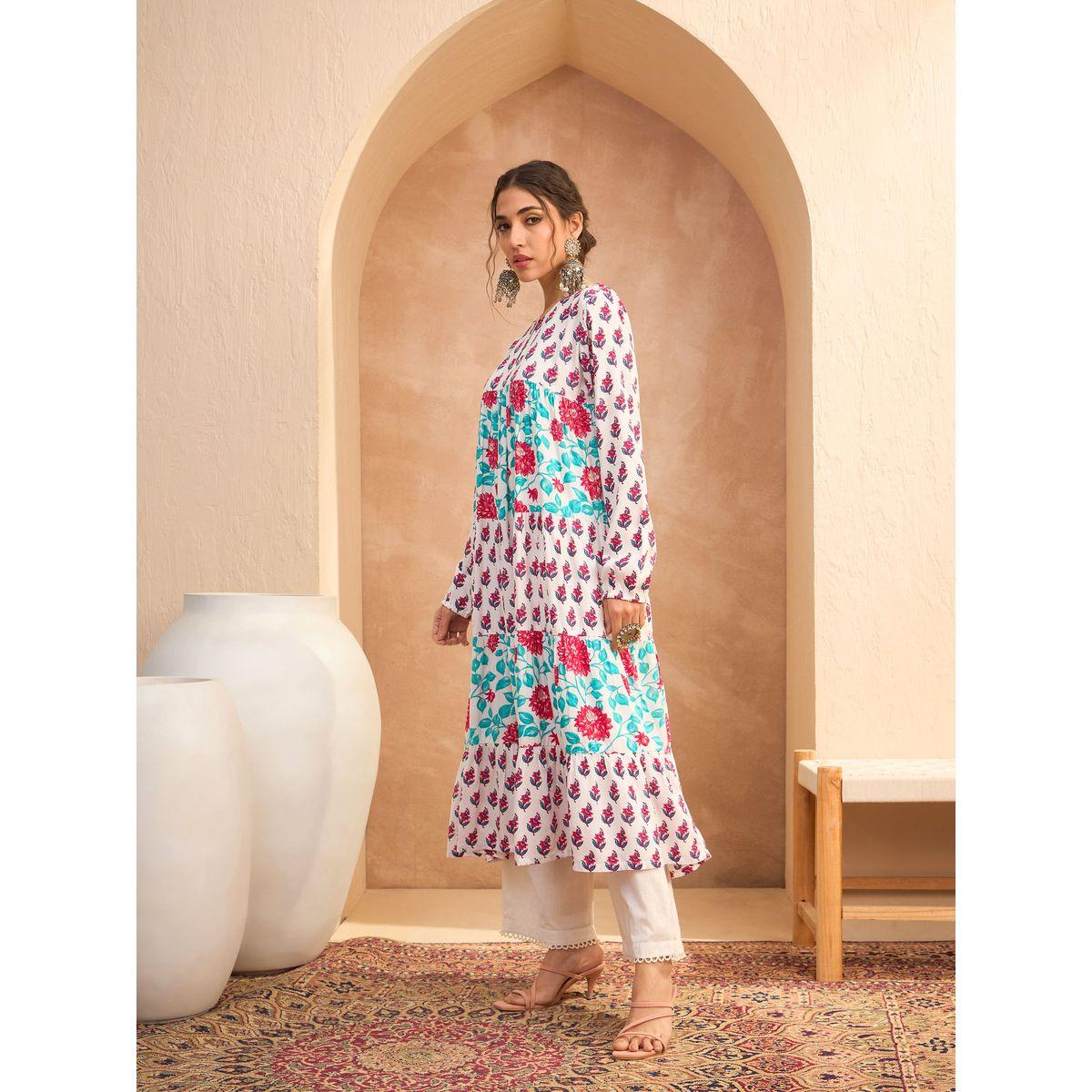 Sassafras White Floral Print Tiered Kurta-women-clothing-ethnicwear-kurtas-image-3
