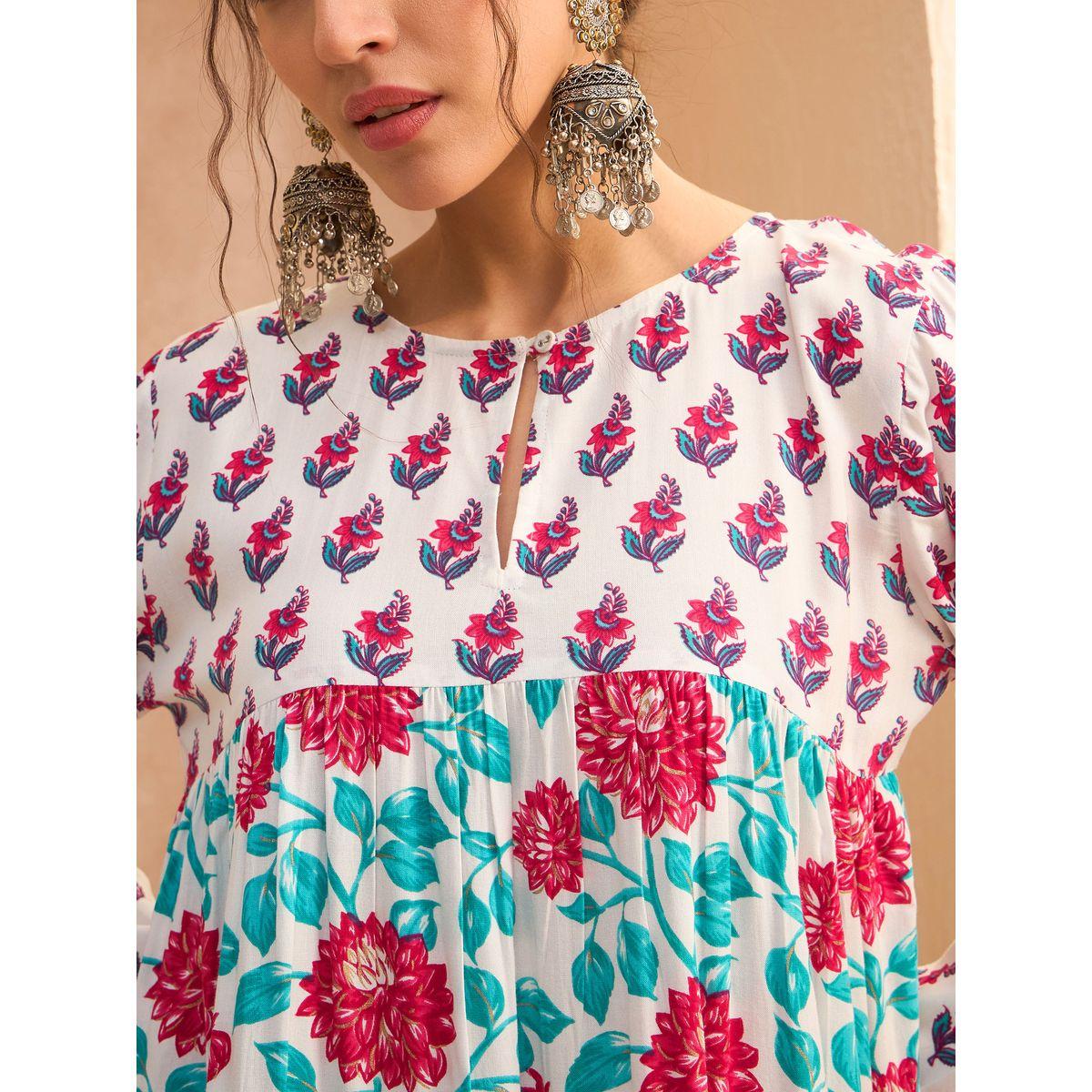Sassafras White Floral Print Tiered Kurta-women-clothing-ethnicwear-kurtas-image-4