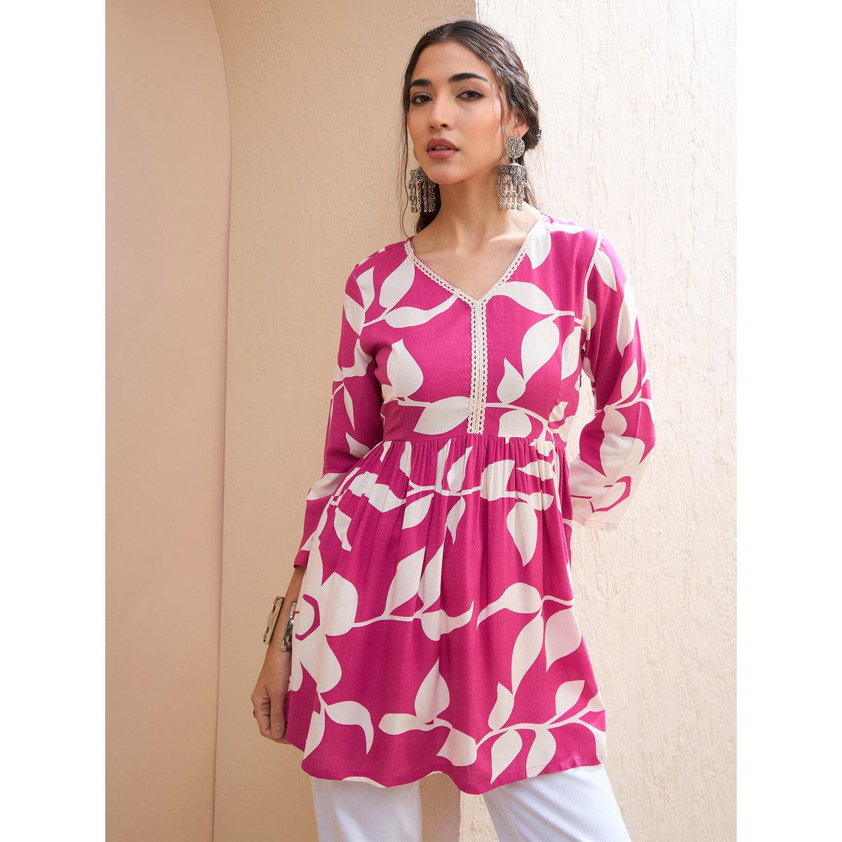 Sassafras Pink Floral V Neck Peplum Kurti-women-clothing-ethnicwear-kurtas-image-1
