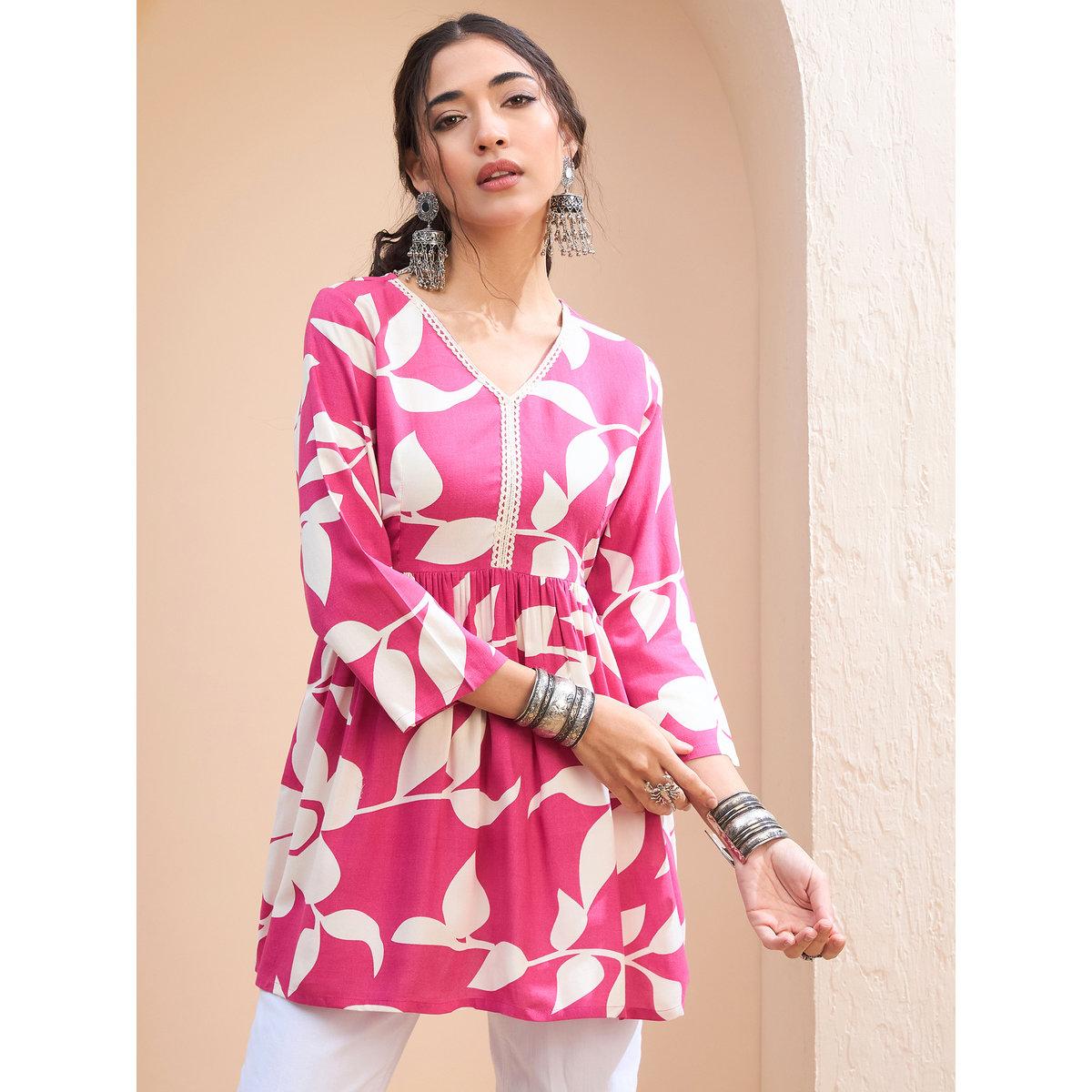 Sassafras Pink Floral V Neck Peplum Kurti-women-clothing-ethnicwear-kurtas-image-6