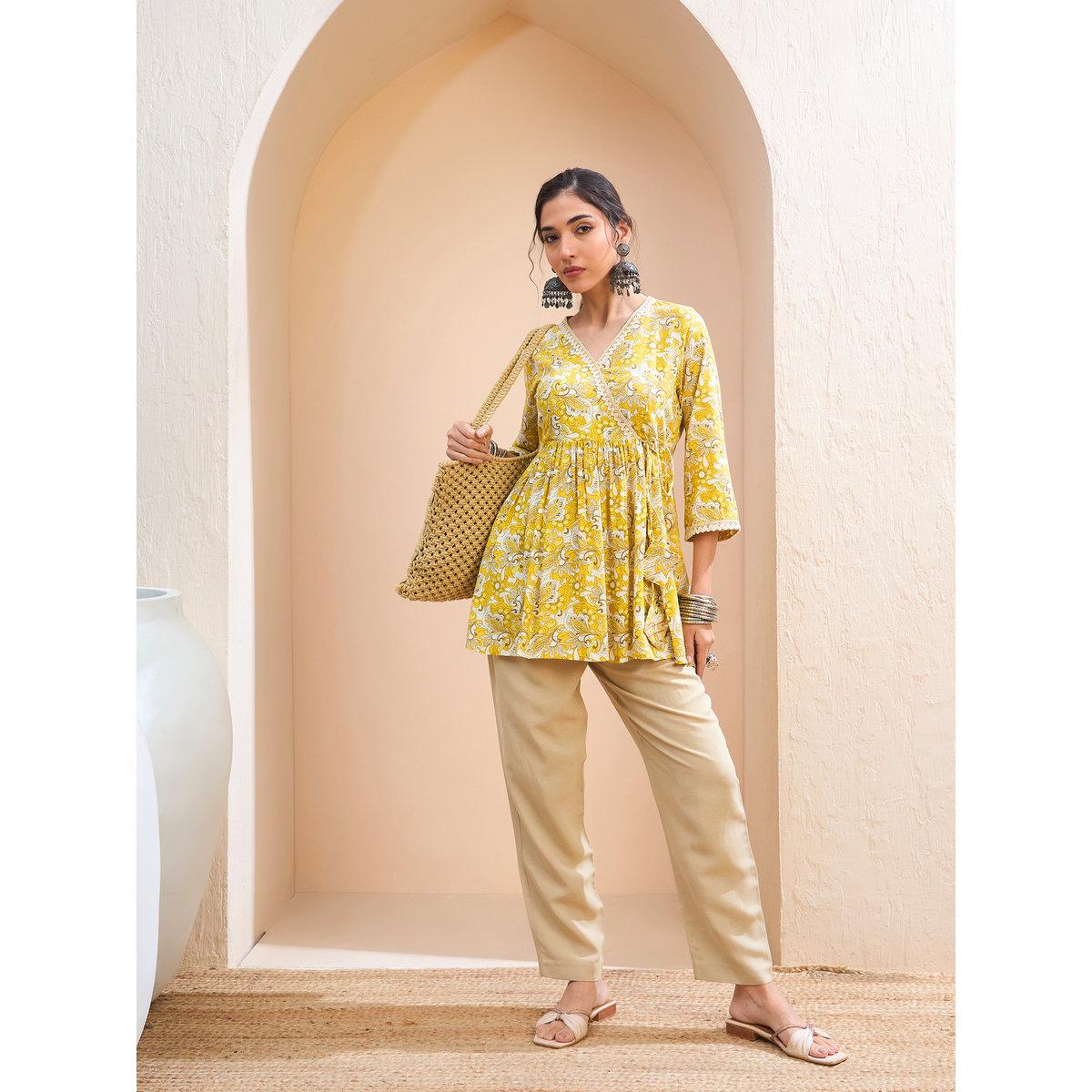 Sassafras Yellow Floral Wrap Neck Peplum Kurti-women-clothing-ethnicwear-kurtas-image-2