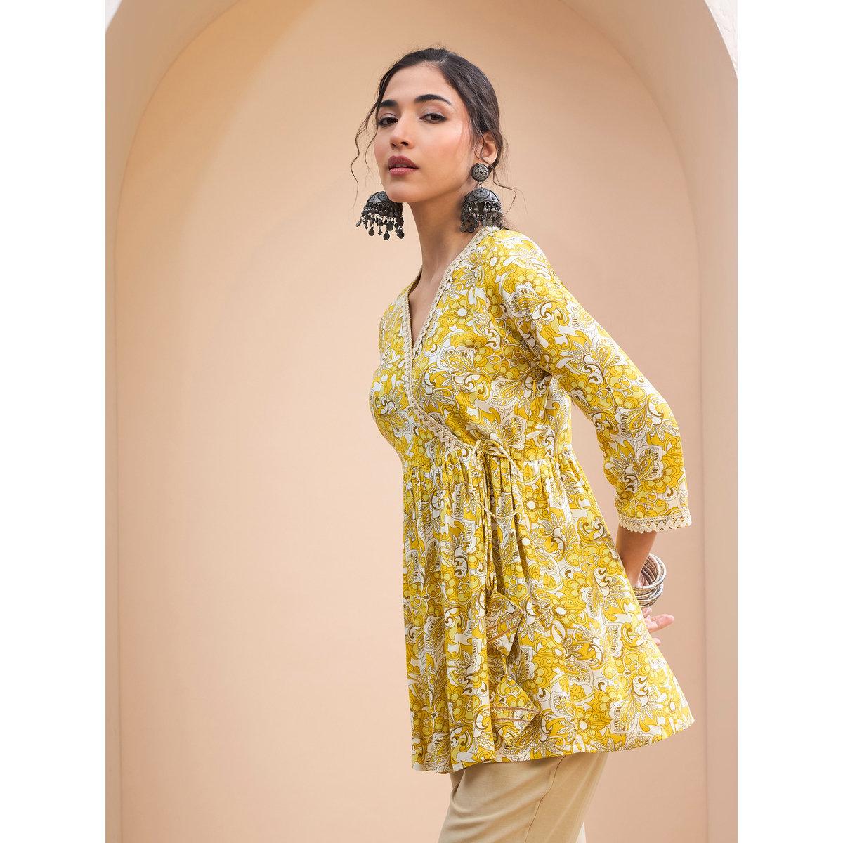 Sassafras Yellow Floral Wrap Neck Peplum Kurti-women-clothing-ethnicwear-kurtas-image-3