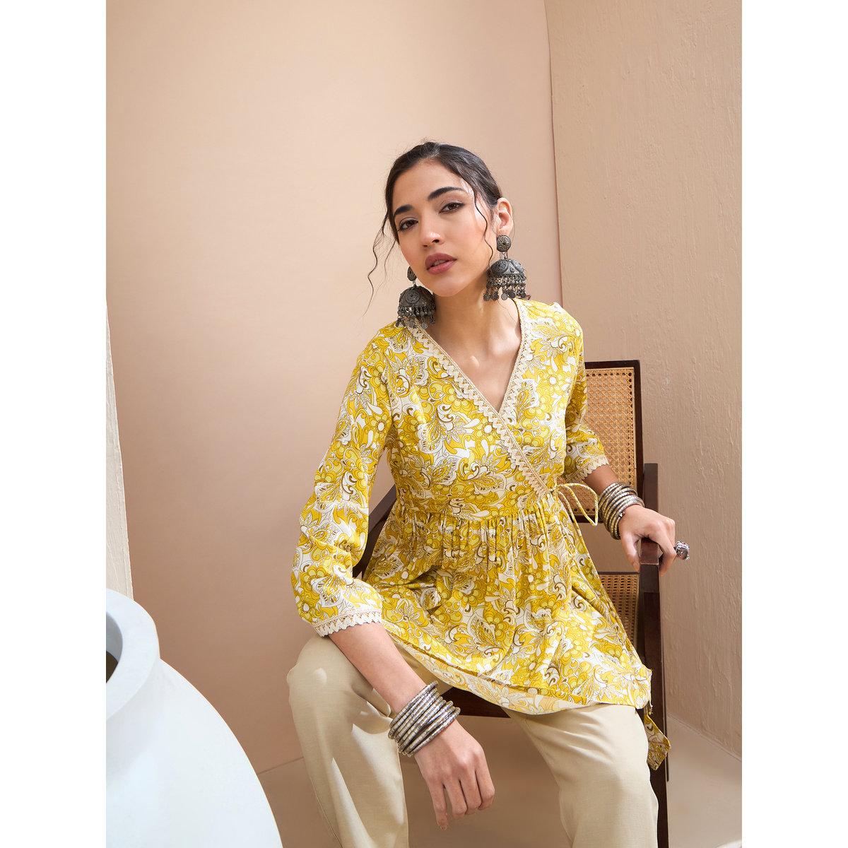 Sassafras Yellow Floral Wrap Neck Peplum Kurti-women-clothing-ethnicwear-kurtas-image-6