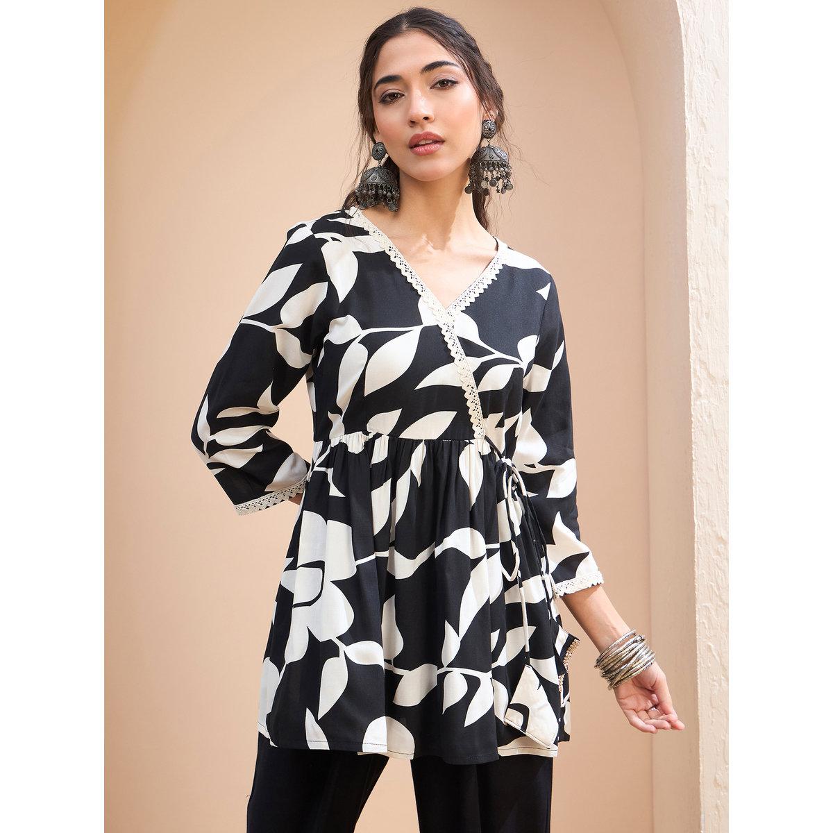 Sassafras Black Floral Wrap Neck Peplum Kurti-women-clothing-ethnicwear-kurtas-image-6