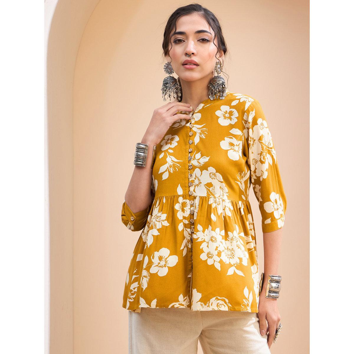 Sassafras Mustard Floral Front Button Gathered Kurti-women-clothing-ethnicwear-kurtas-image-1