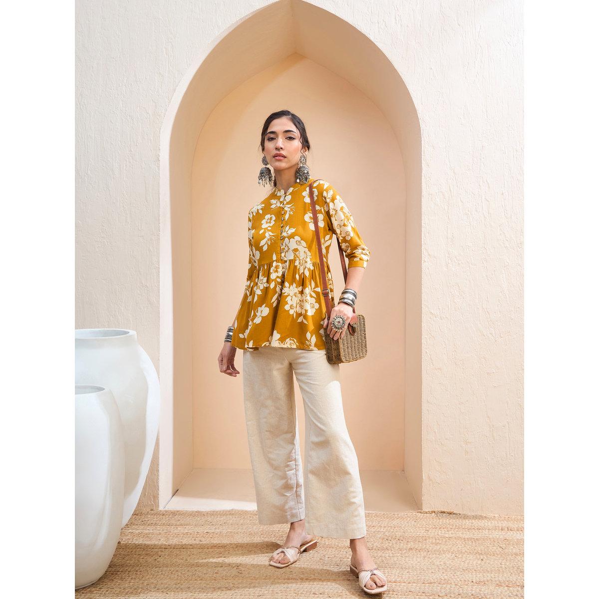 Sassafras Mustard Floral Front Button Gathered Kurti-women-clothing-ethnicwear-kurtas-image-2