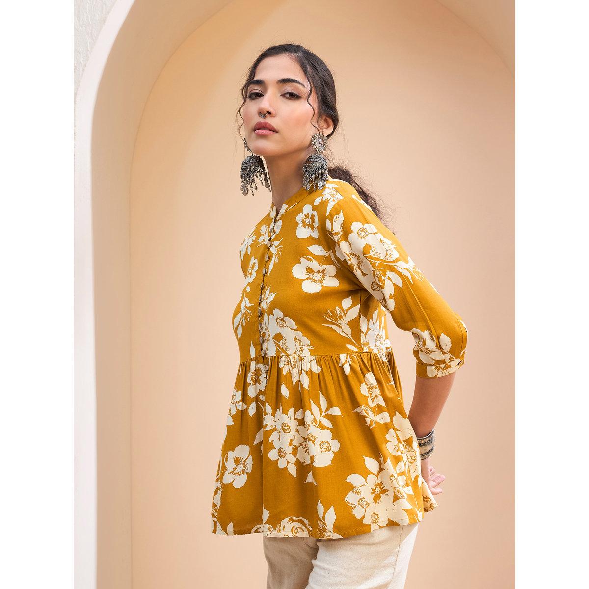 Sassafras Mustard Floral Front Button Gathered Kurti-women-clothing-ethnicwear-kurtas-image-3