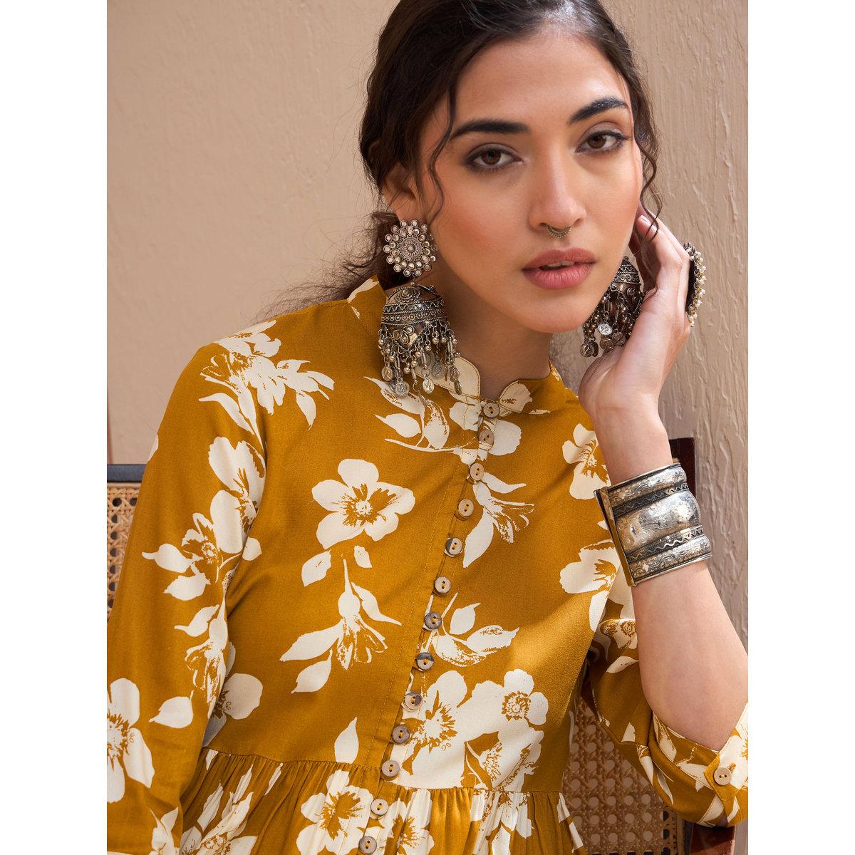 Sassafras Mustard Floral Front Button Gathered Kurti-women-clothing-ethnicwear-kurtas-image-4