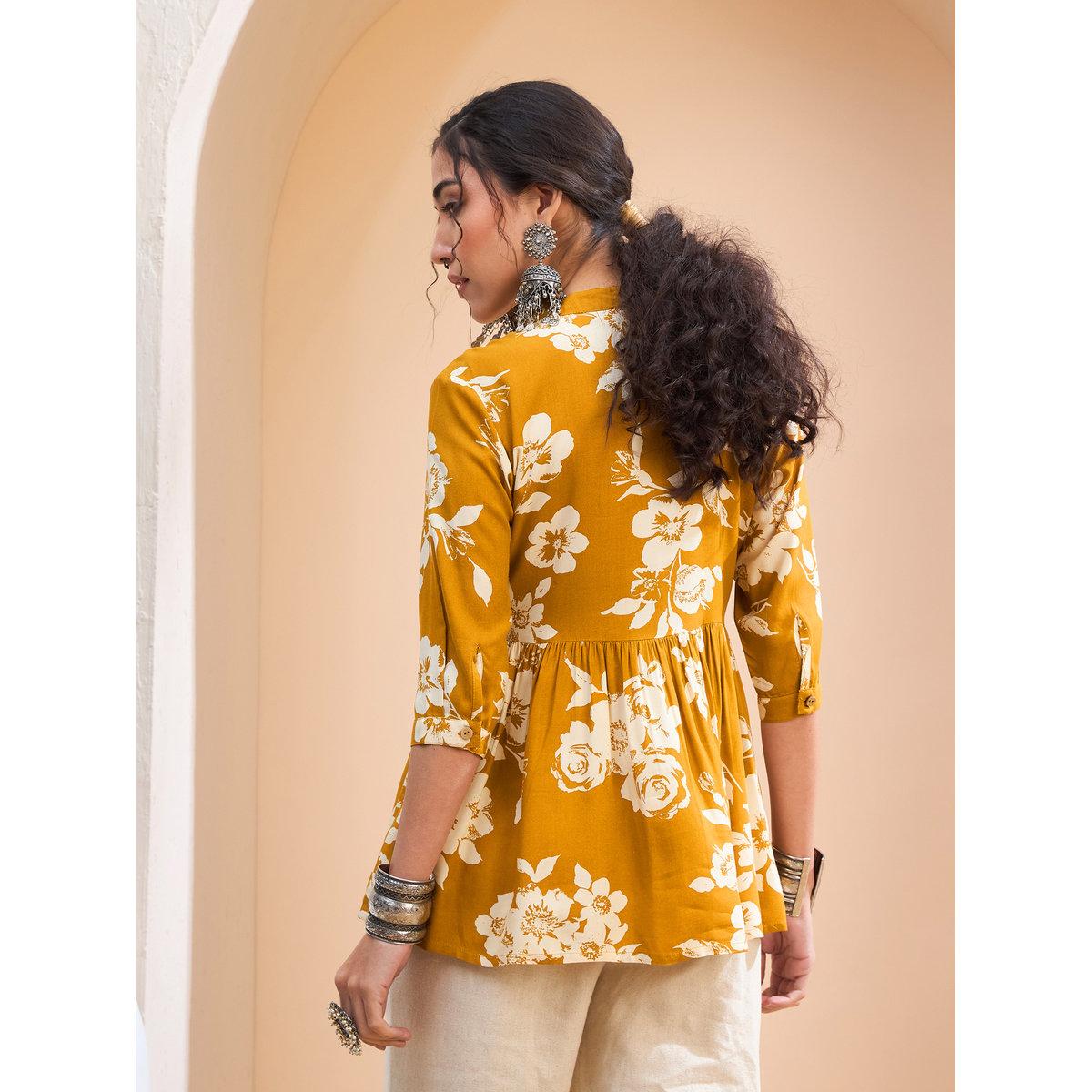 Sassafras Mustard Floral Front Button Gathered Kurti-women-clothing-ethnicwear-kurtas-image-5