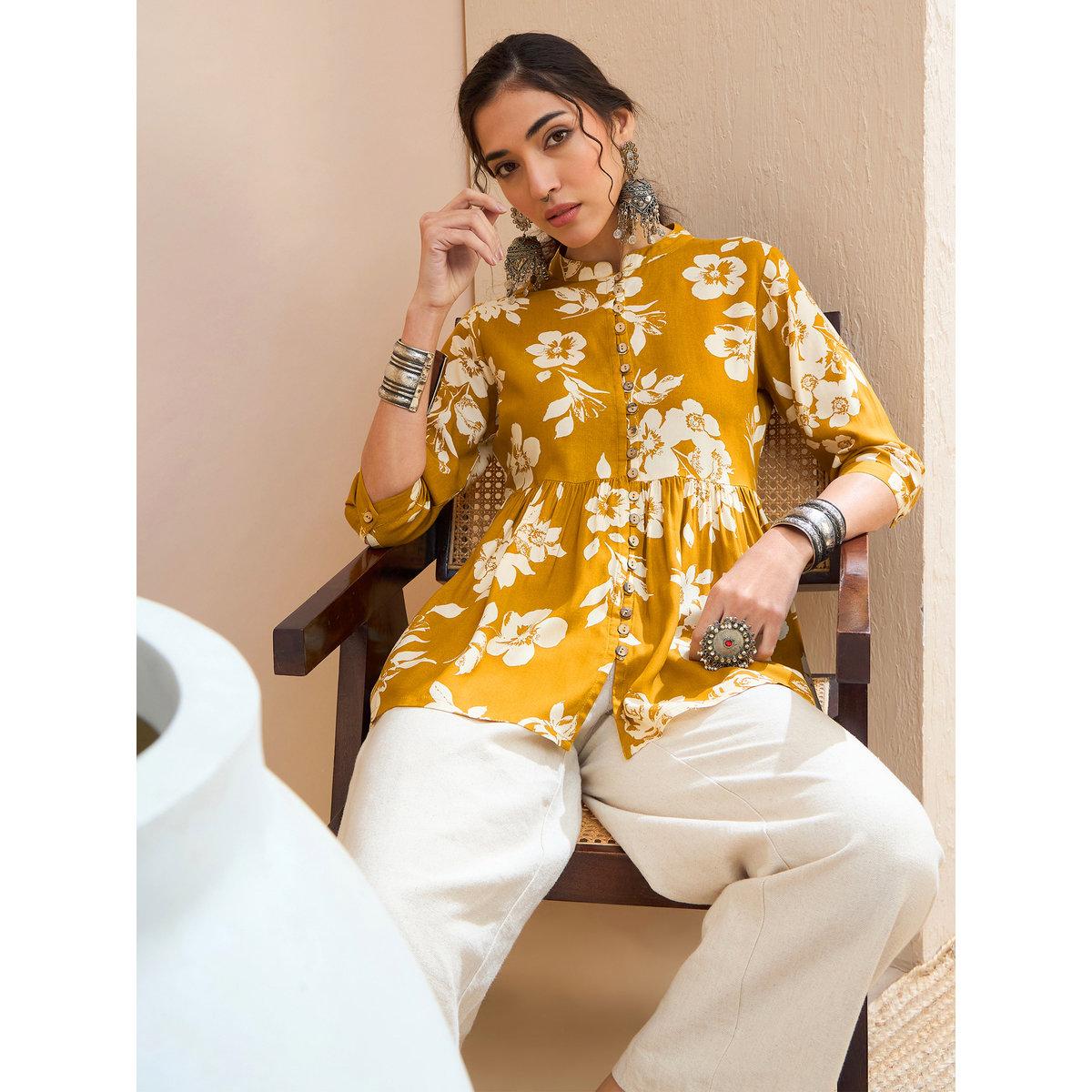 Sassafras Mustard Floral Front Button Gathered Kurti-women-clothing-ethnicwear-kurtas-image-6
