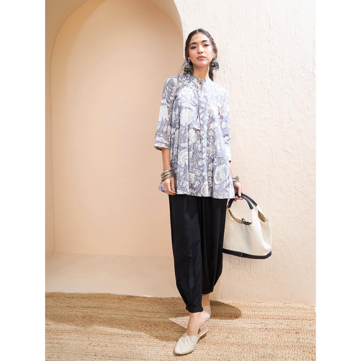 Sassafras Grey Floral Cambric Front Tie Knot Kurti-women-clothing-ethnicwear-kurtas-image-2