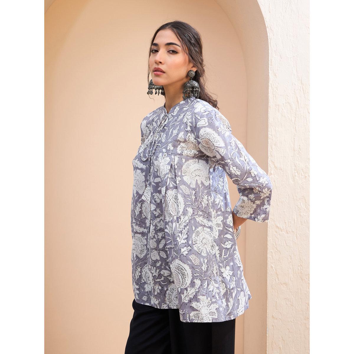 Sassafras Grey Floral Cambric Front Tie Knot Kurti-women-clothing-ethnicwear-kurtas-image-3