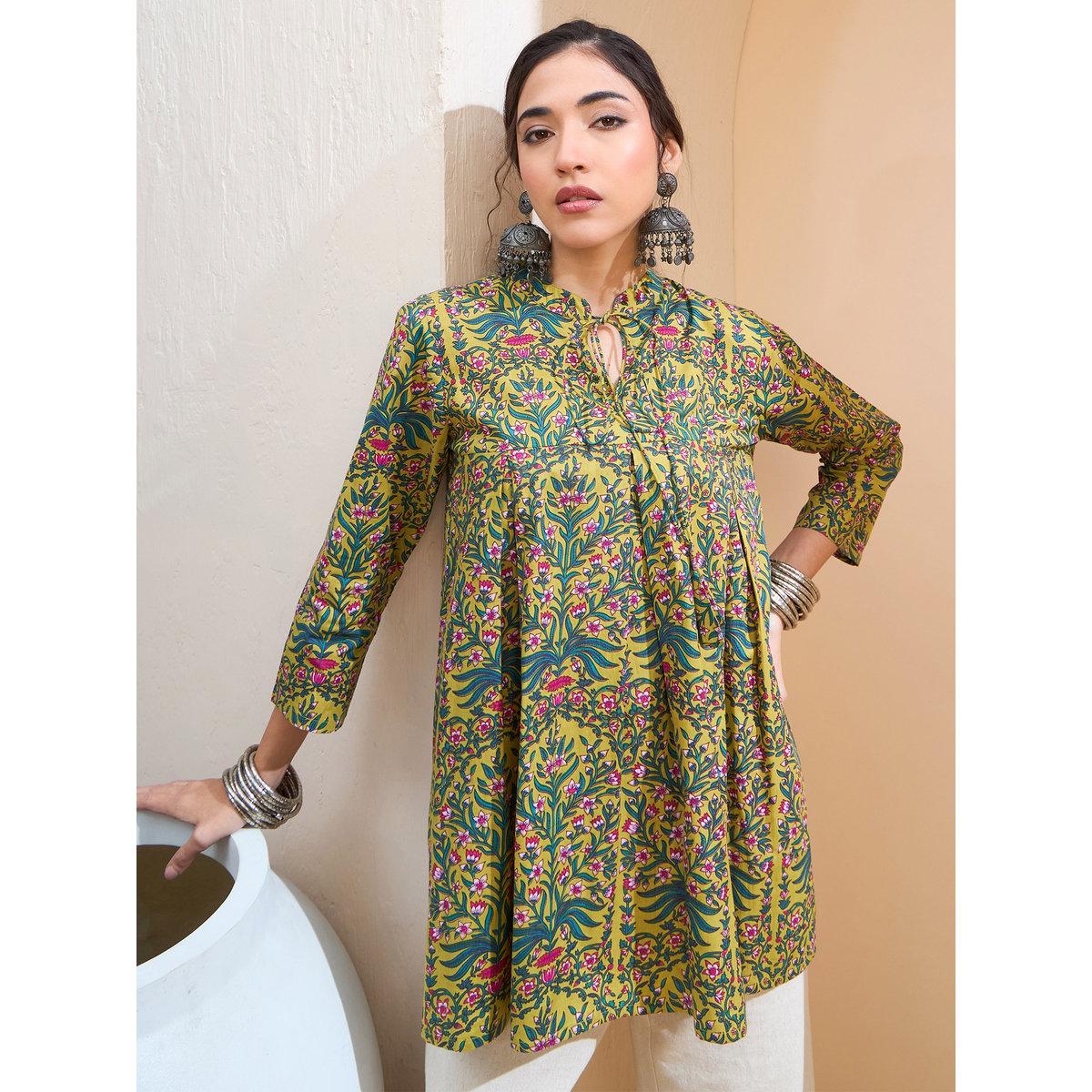 Sassafras Dark Mustard Floral Cambric Front Tie Knot Kurti-women-clothing-ethnicwear-kurtas-image-1