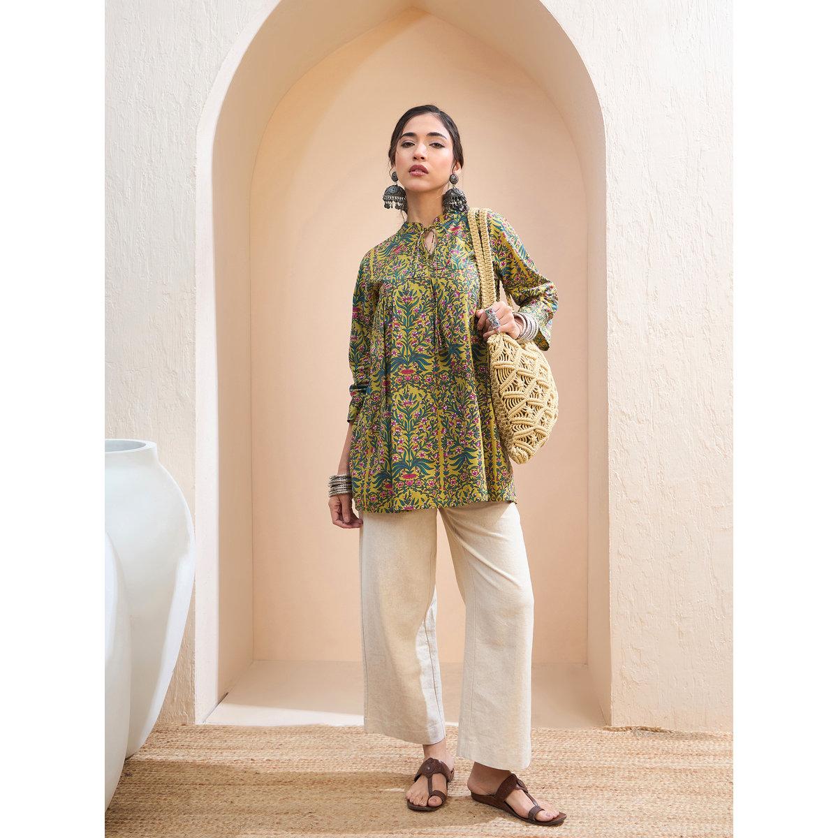 Sassafras Dark Mustard Floral Cambric Front Tie Knot Kurti-women-clothing-ethnicwear-kurtas-image-2