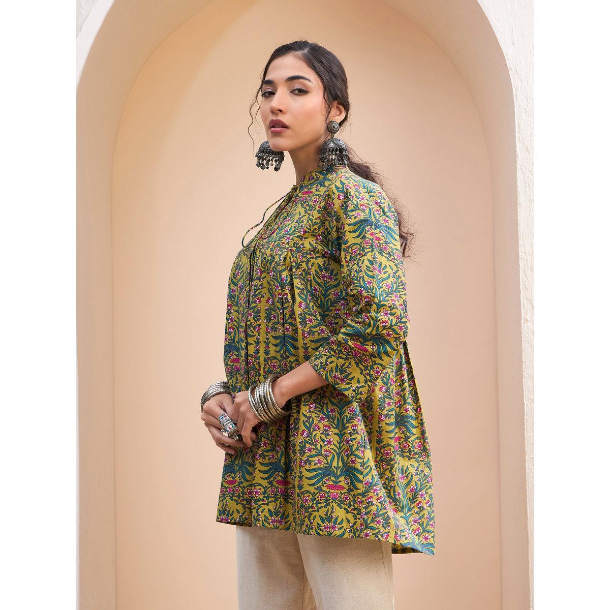 Sassafras Dark Mustard Floral Cambric Front Tie Knot Kurti-women-clothing-ethnicwear-kurtas-image-3