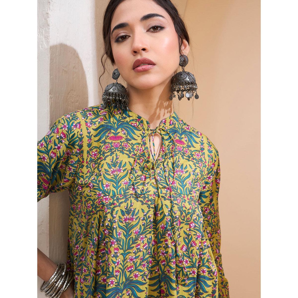 كورتي بطبعة زهور وتفاصيل ربطة-women-clothing-ethnicwear-kurtas-image-4