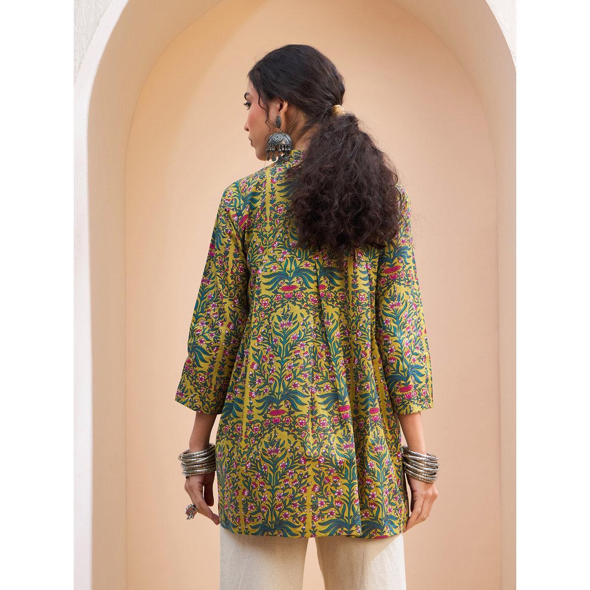 Sassafras Dark Mustard Floral Cambric Front Tie Knot Kurti-women-clothing-ethnicwear-kurtas-image-5