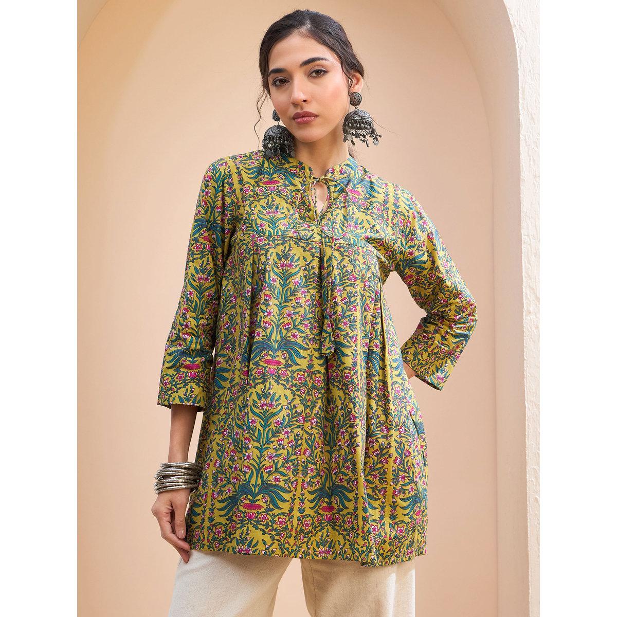 Sassafras Dark Mustard Floral Cambric Front Tie Knot Kurti-women-clothing-ethnicwear-kurtas-image-6
