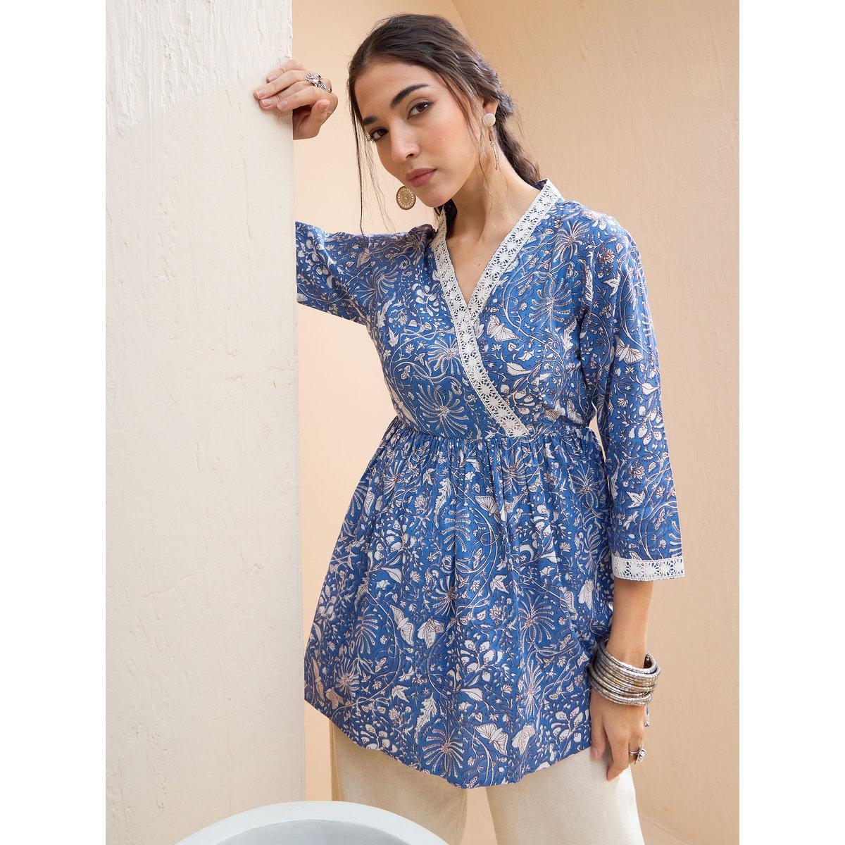 Sassafras Blue Floral Cambric Wrap Peplum Kurti-women-clothing-ethnicwear-kurtas-image-1