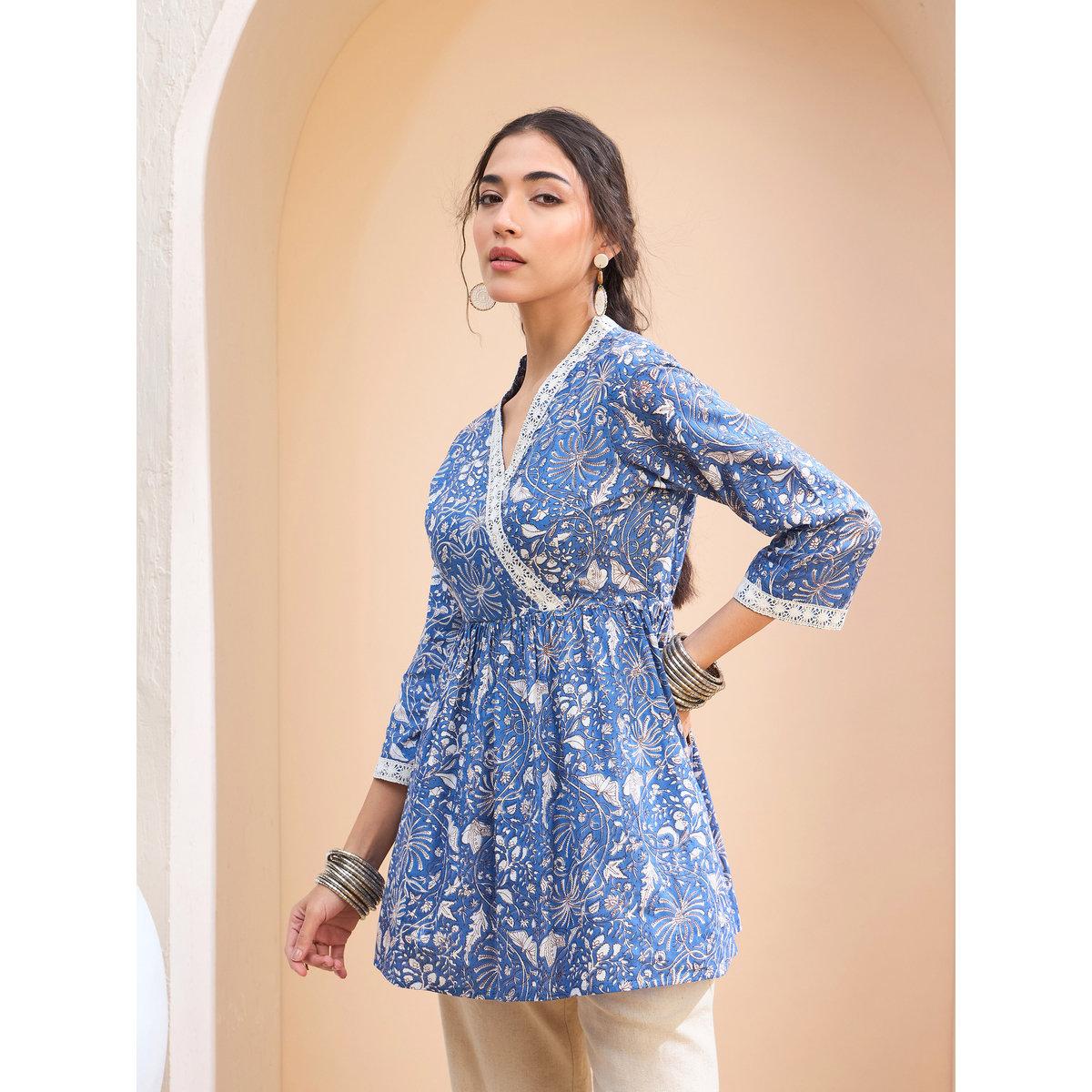 Sassafras Blue Floral Cambric Wrap Peplum Kurti-women-clothing-ethnicwear-kurtas-image-3