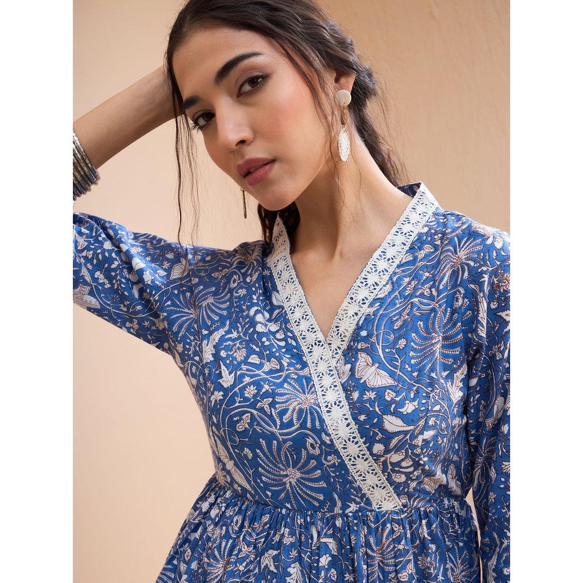 Sassafras Blue Floral Cambric Wrap Peplum Kurti-women-clothing-ethnicwear-kurtas-image-4