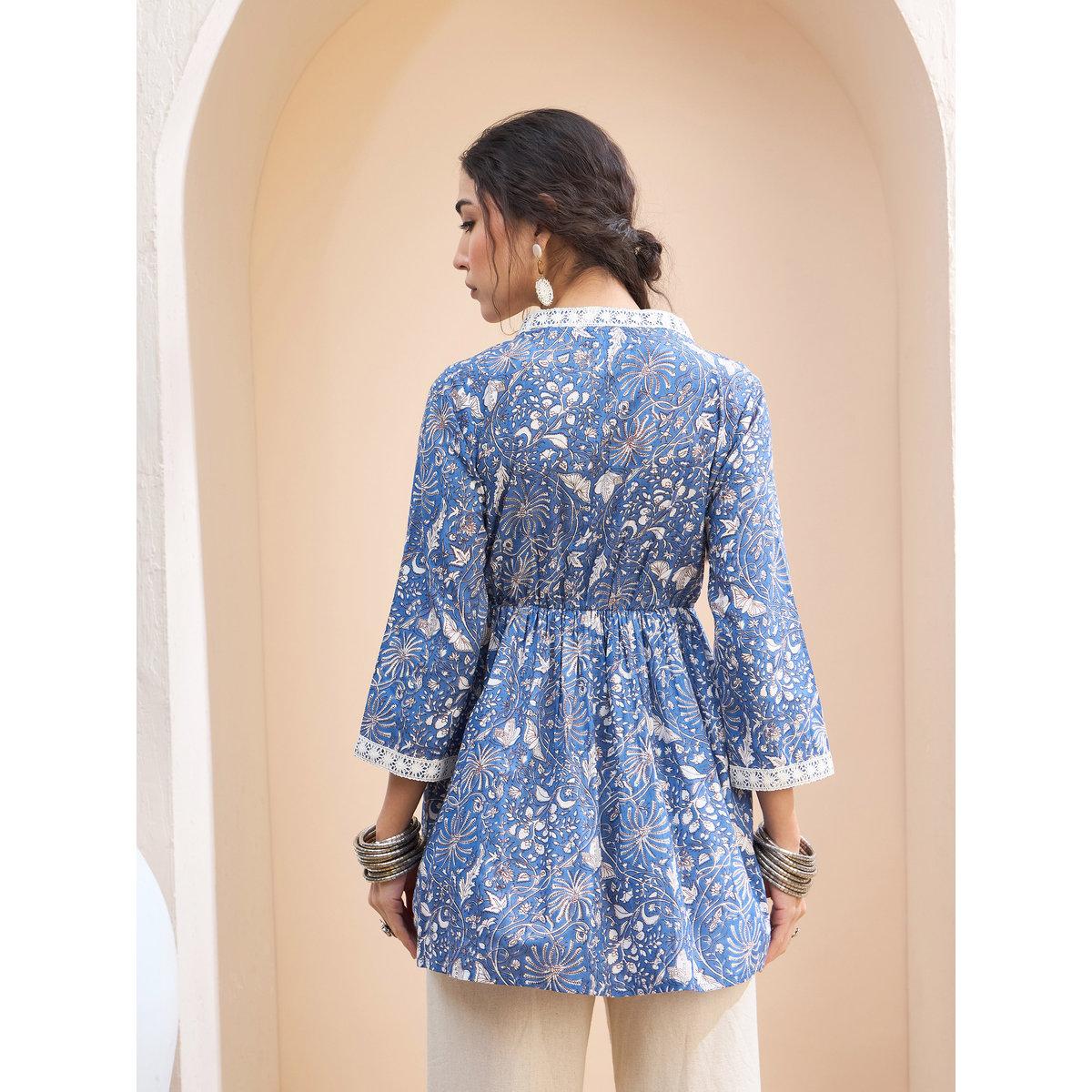 Sassafras Blue Floral Cambric Wrap Peplum Kurti-women-clothing-ethnicwear-kurtas-image-5