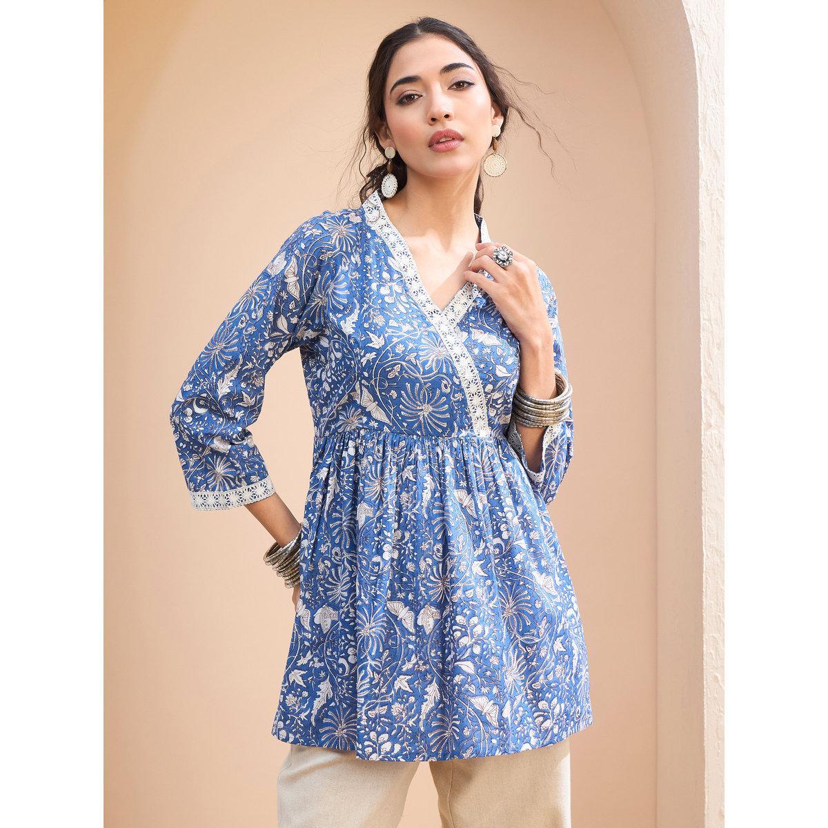 Sassafras Blue Floral Cambric Wrap Peplum Kurti-women-clothing-ethnicwear-kurtas-image-6