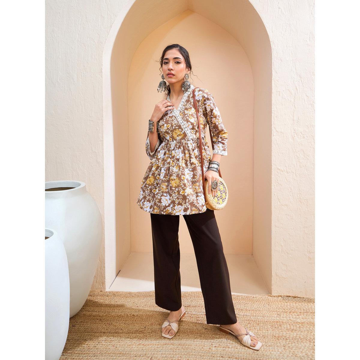 Sassafras Brown Floral Cambric Wrap Peplum Kurti-women-clothing-ethnicwear-kurtas-image-2