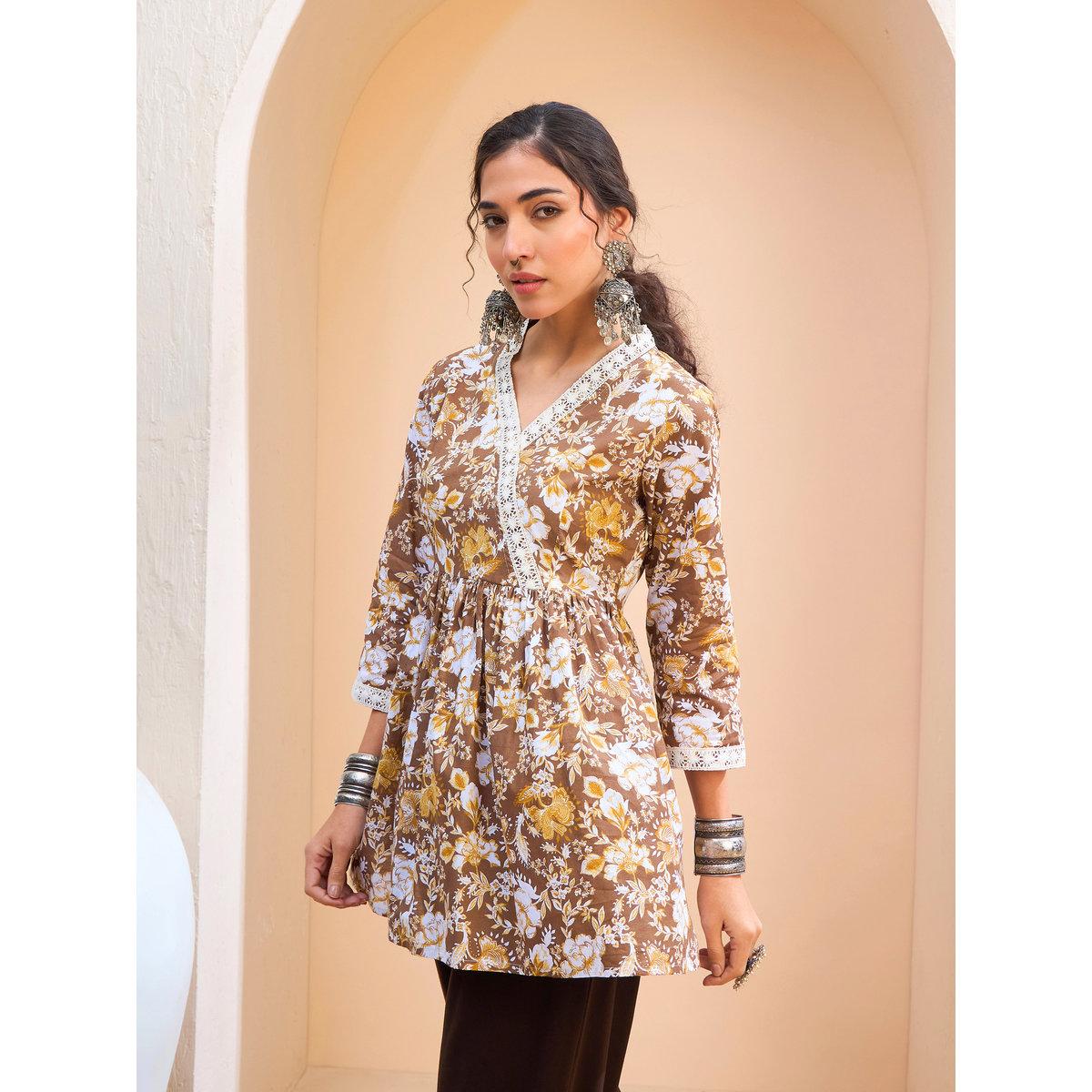 Sassafras Brown Floral Cambric Wrap Peplum Kurti-women-clothing-ethnicwear-kurtas-image-3