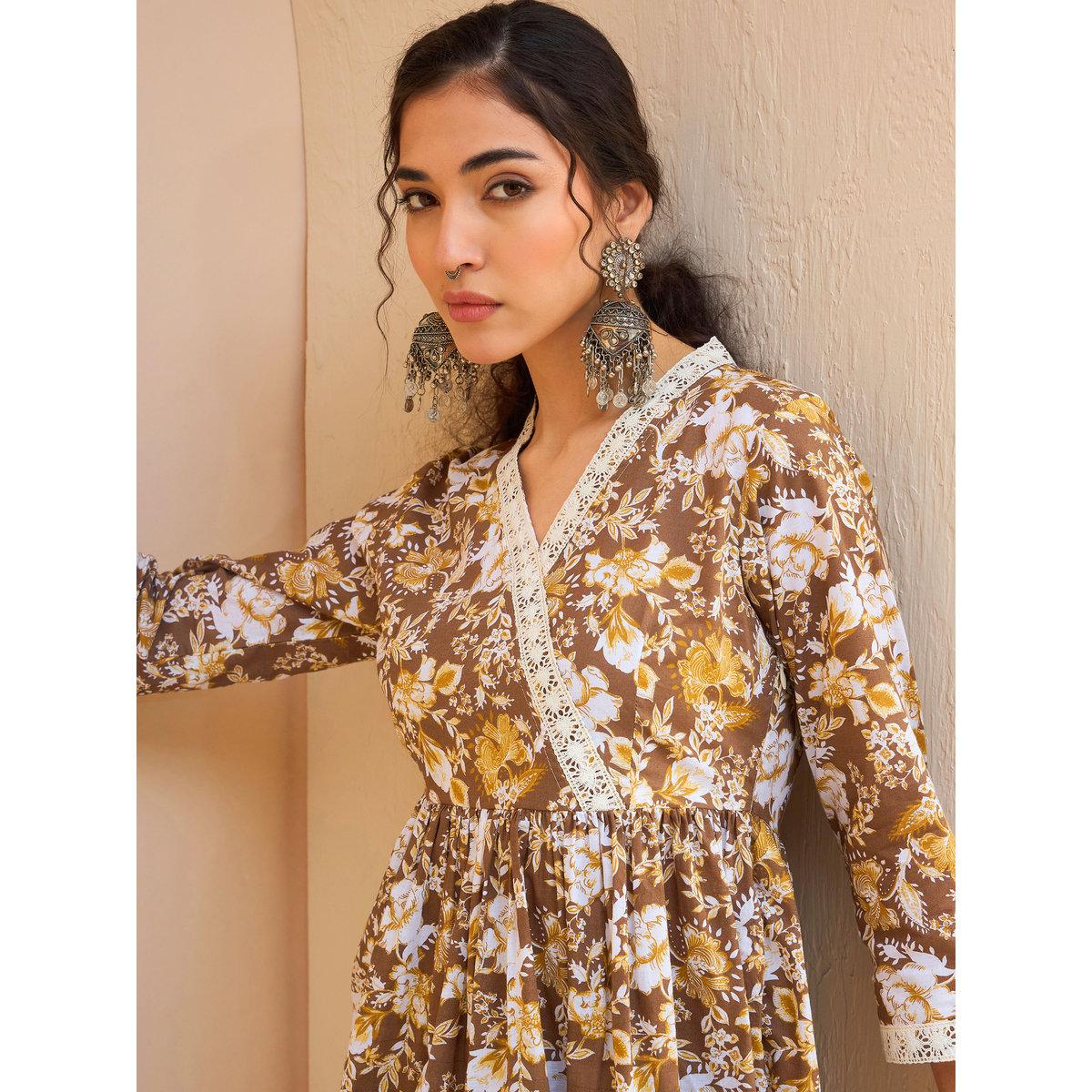 Sassafras Brown Floral Cambric Wrap Peplum Kurti-women-clothing-ethnicwear-kurtas-image-4