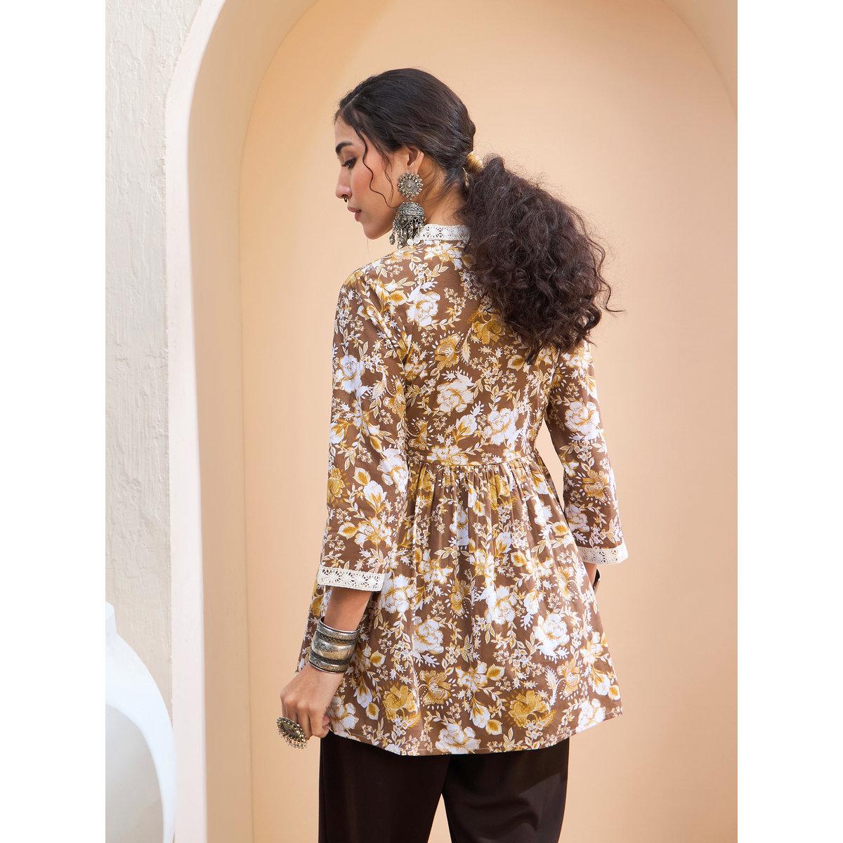 Sassafras Brown Floral Cambric Wrap Peplum Kurti-women-clothing-ethnicwear-kurtas-image-5