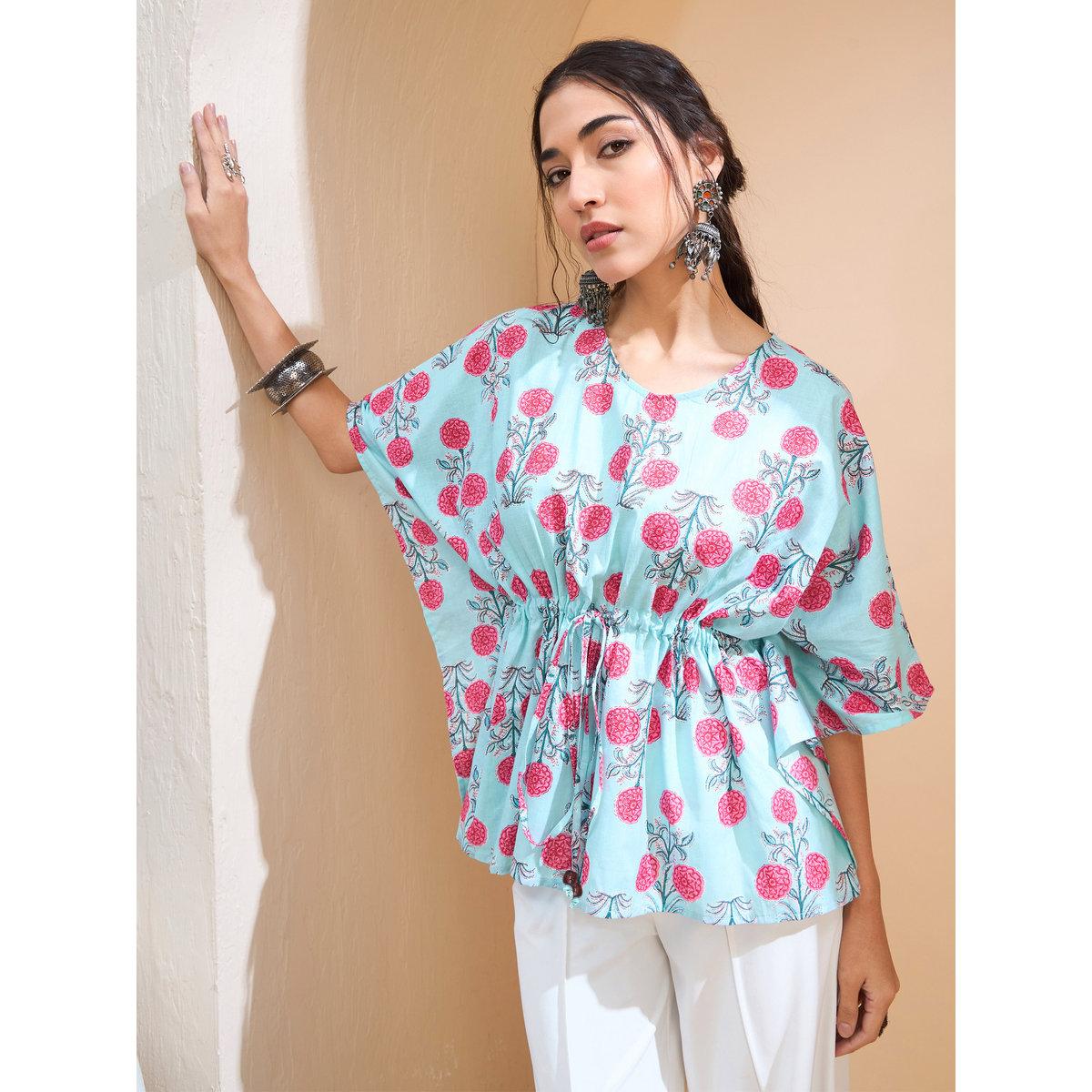 Sassafras Blue Floral Kaftan Kurti-women-clothing-ethnicwear-kurtas-image-1
