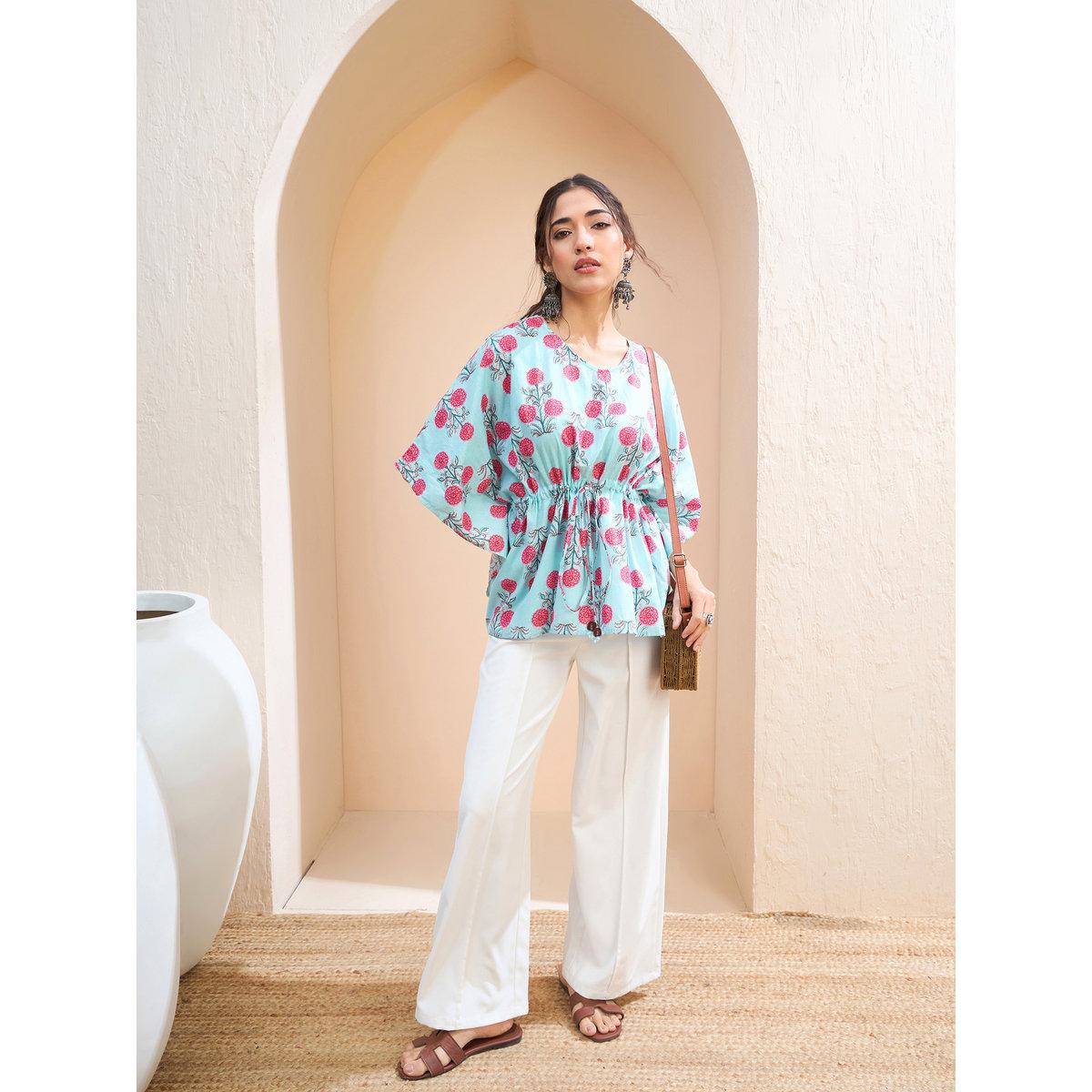Sassafras Blue Floral Kaftan Kurti-women-clothing-ethnicwear-kurtas-image-2