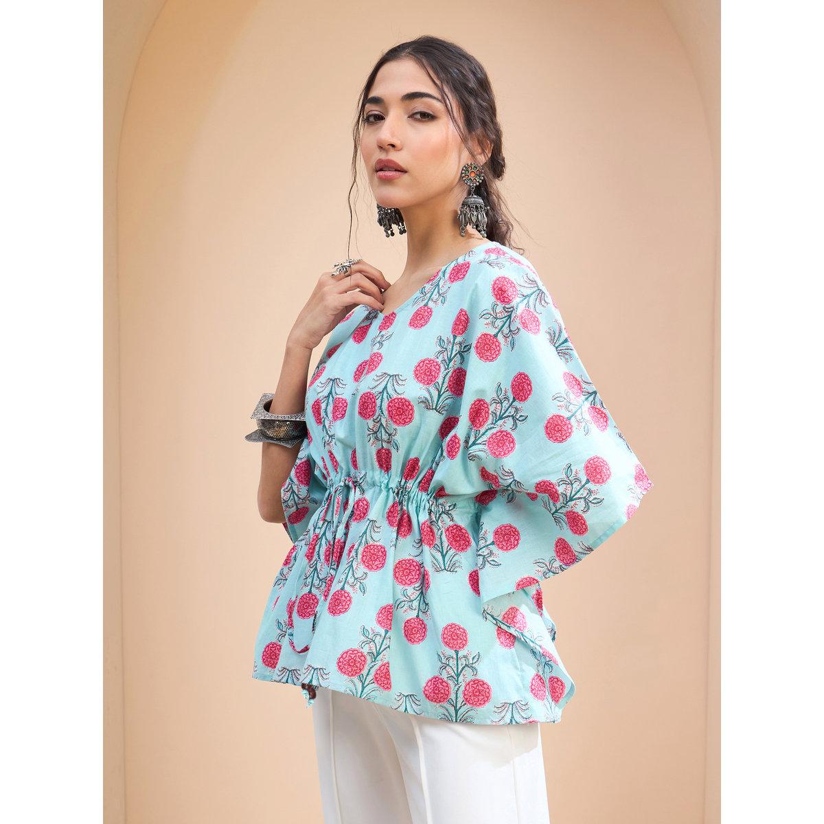 Sassafras Blue Floral Kaftan Kurti-women-clothing-ethnicwear-kurtas-image-3