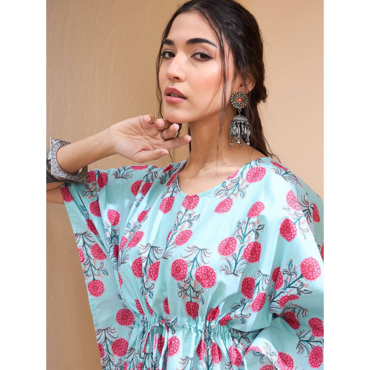 Sassafras Blue Floral Kaftan Kurti-women-clothing-ethnicwear-kurtas-image-4