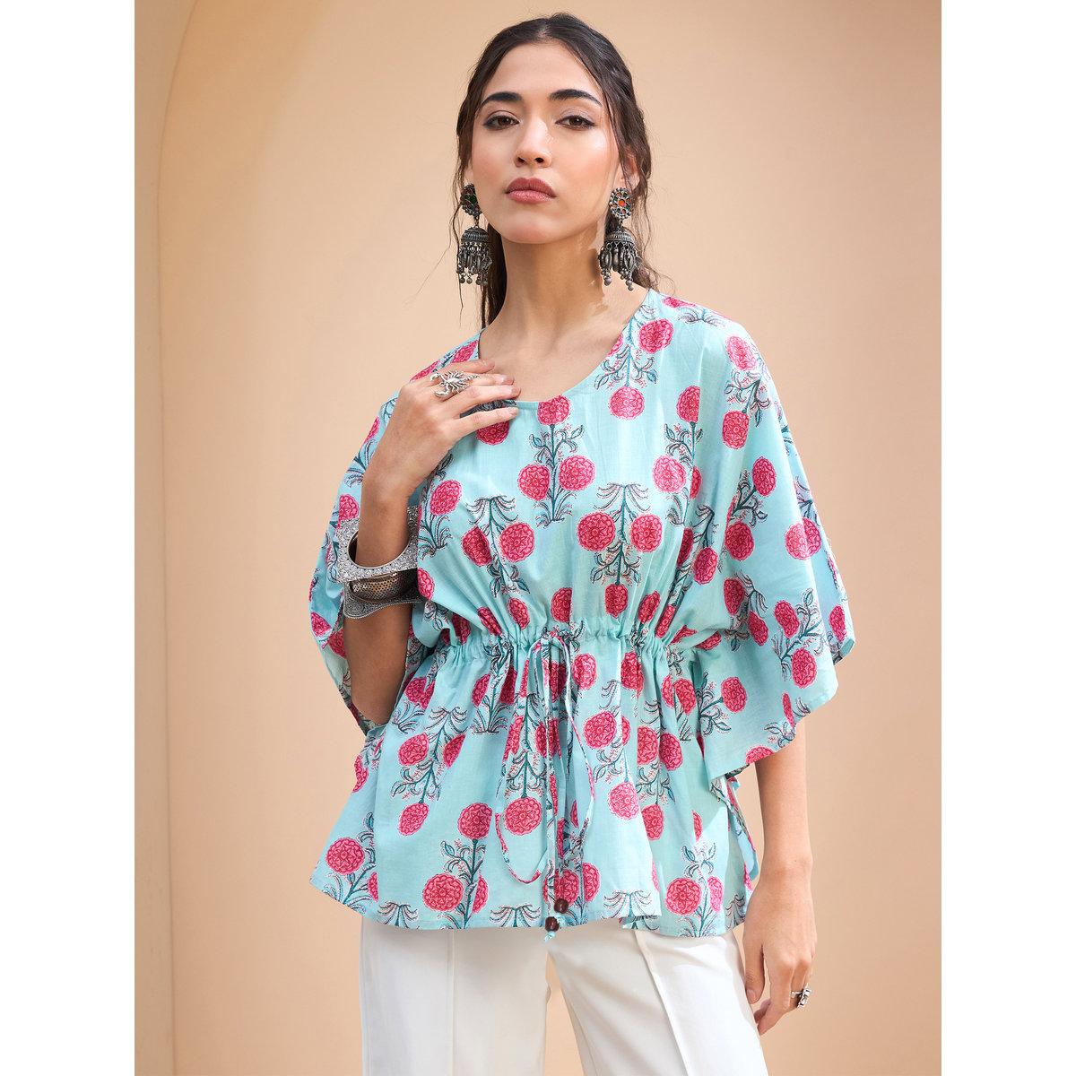 Sassafras Blue Floral Kaftan Kurti-women-clothing-ethnicwear-kurtas-image-6