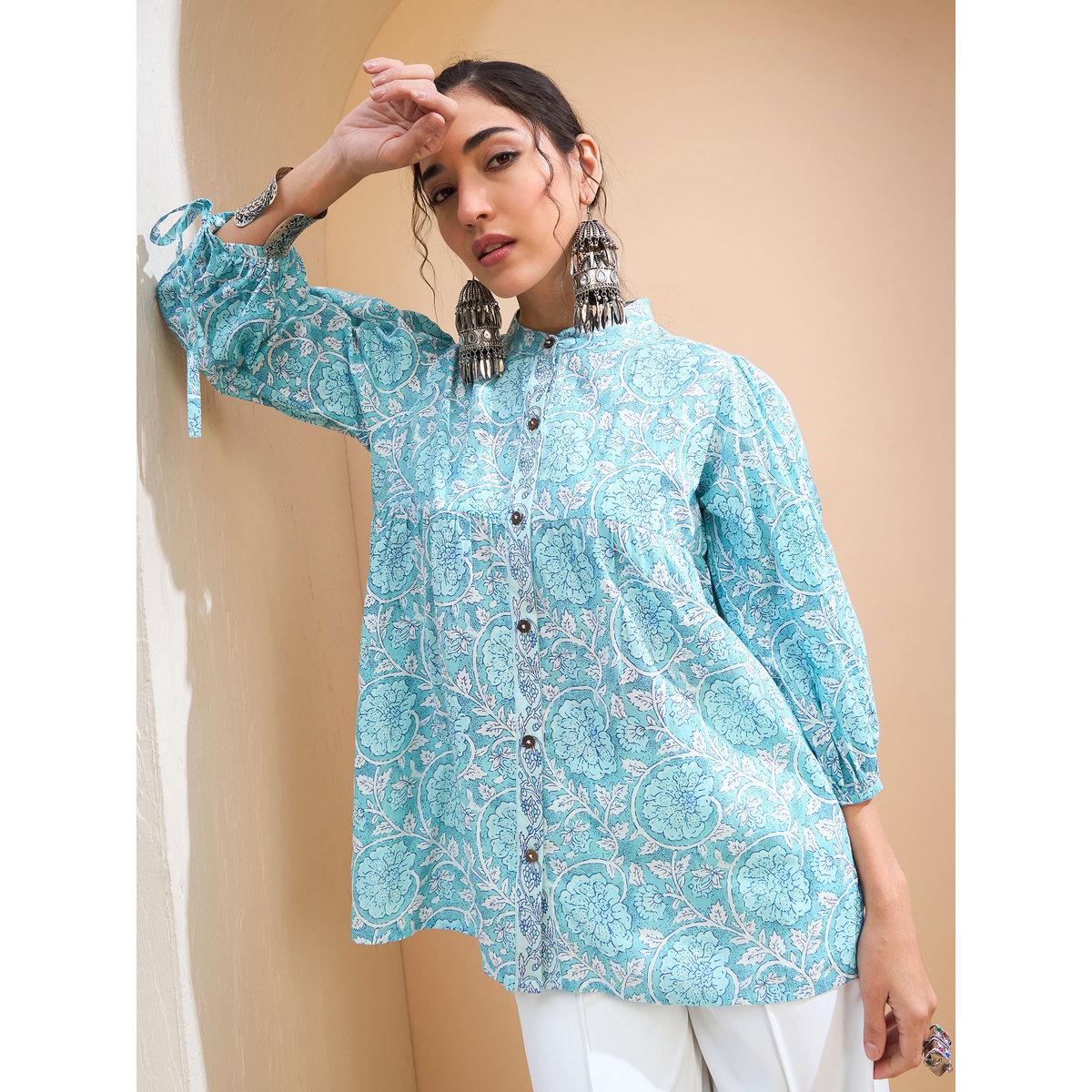 Sassafras Blue Floral Sleeve Knot Buttoned Kurti-women-clothing-ethnicwear-kurtas-image-1