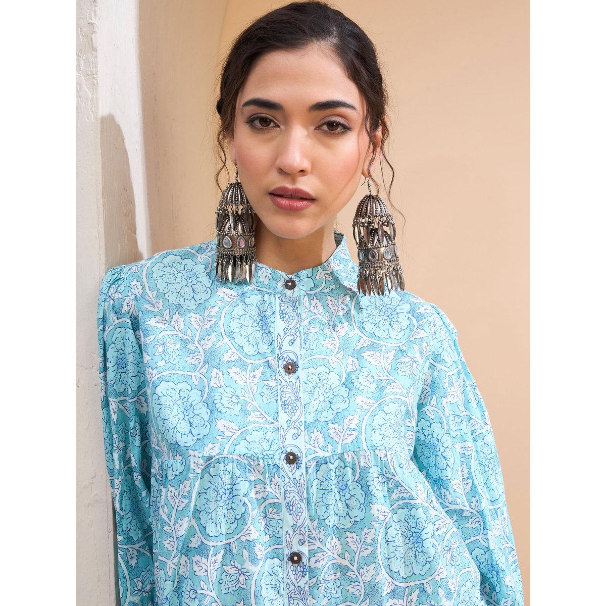 Sassafras Blue Floral Sleeve Knot Buttoned Kurti-women-clothing-ethnicwear-kurtas-image-4