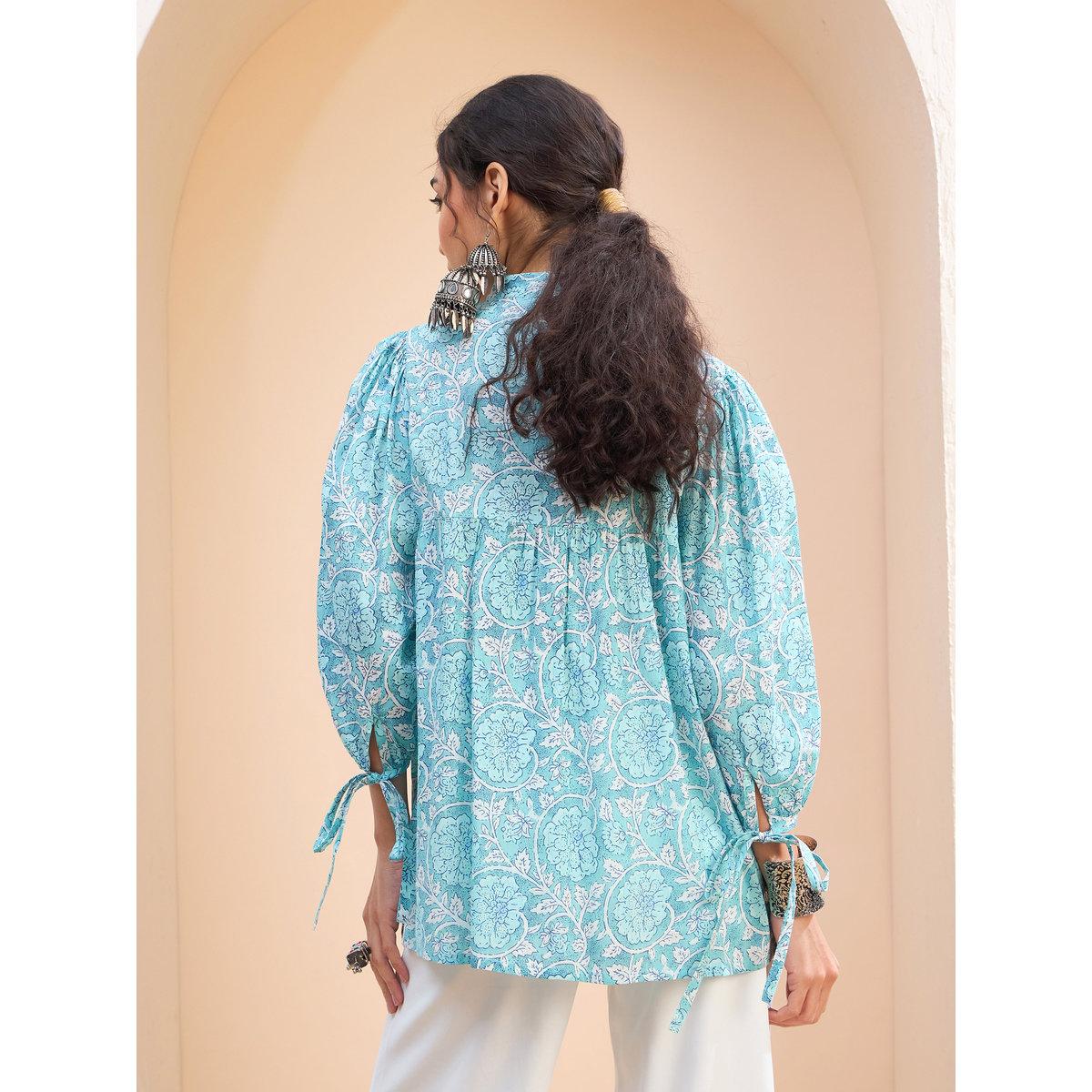 Sassafras Blue Floral Sleeve Knot Buttoned Kurti-women-clothing-ethnicwear-kurtas-image-5