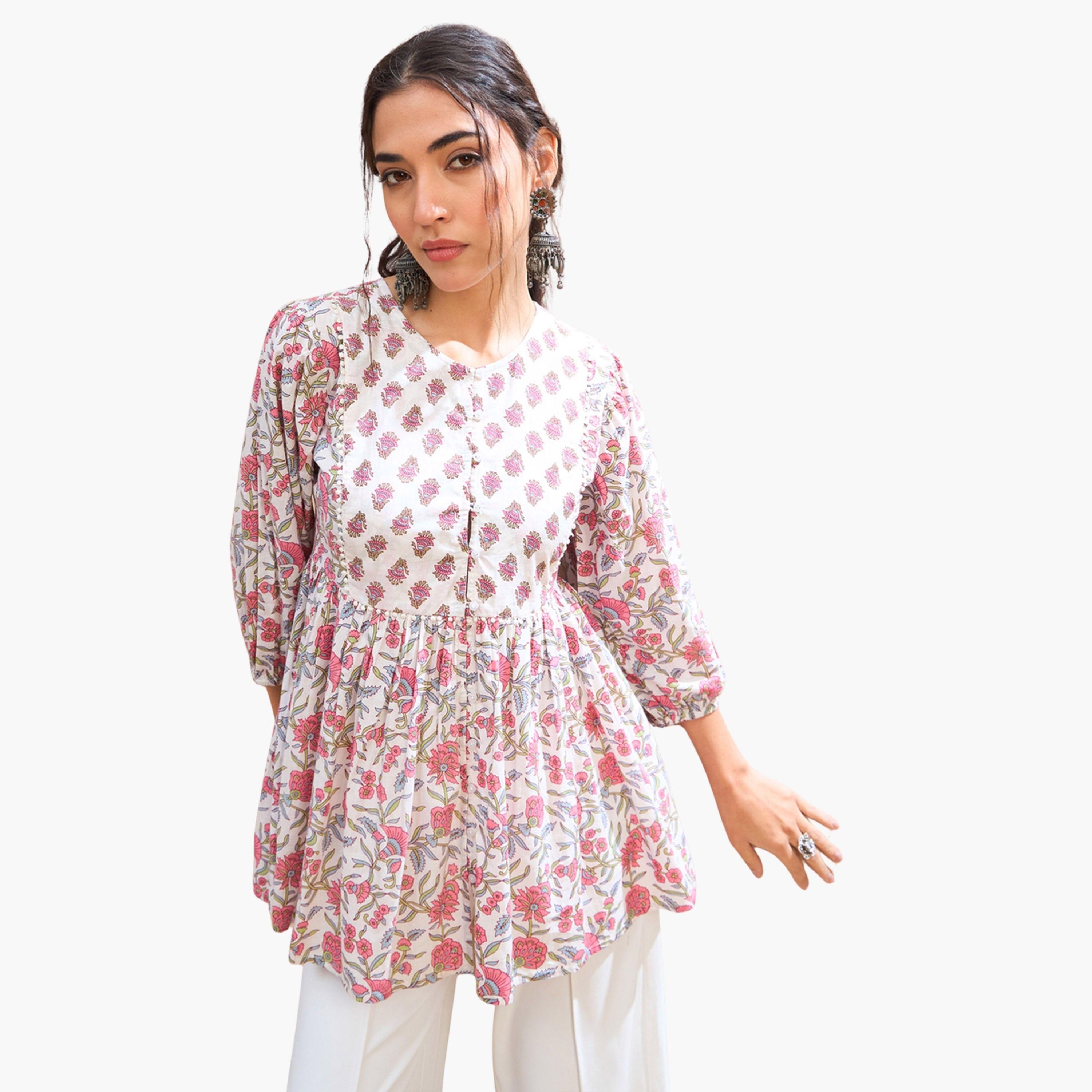 Sassafras White Floral Buttoned Lace Neck Gathered Kurti-women-clothing-ethnicwear-kurtas-image-1