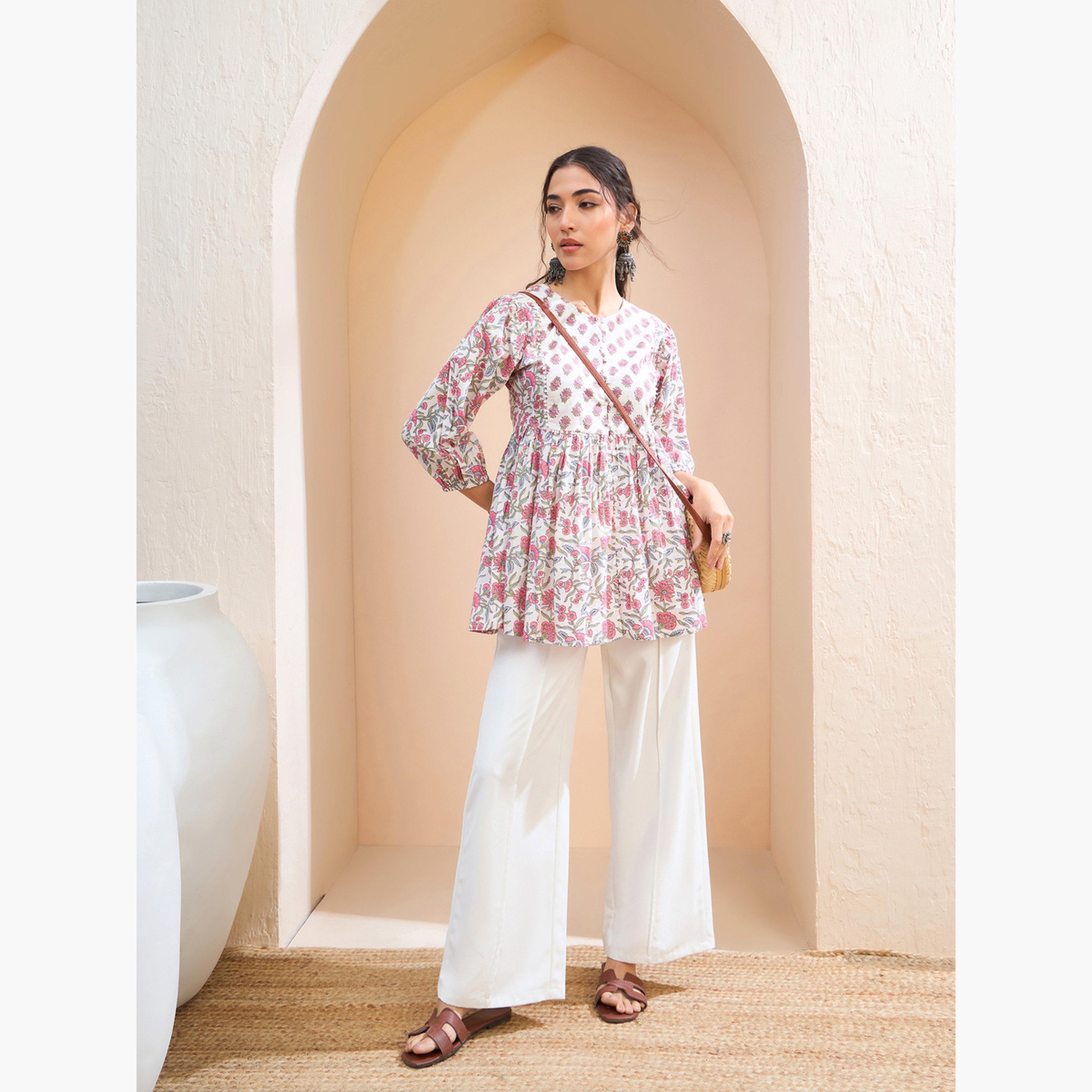 ساسافراس - كورتي أبيض مزهر بأزرار من الدانتيل-women-clothing-ethnicwear-kurtas-image-2