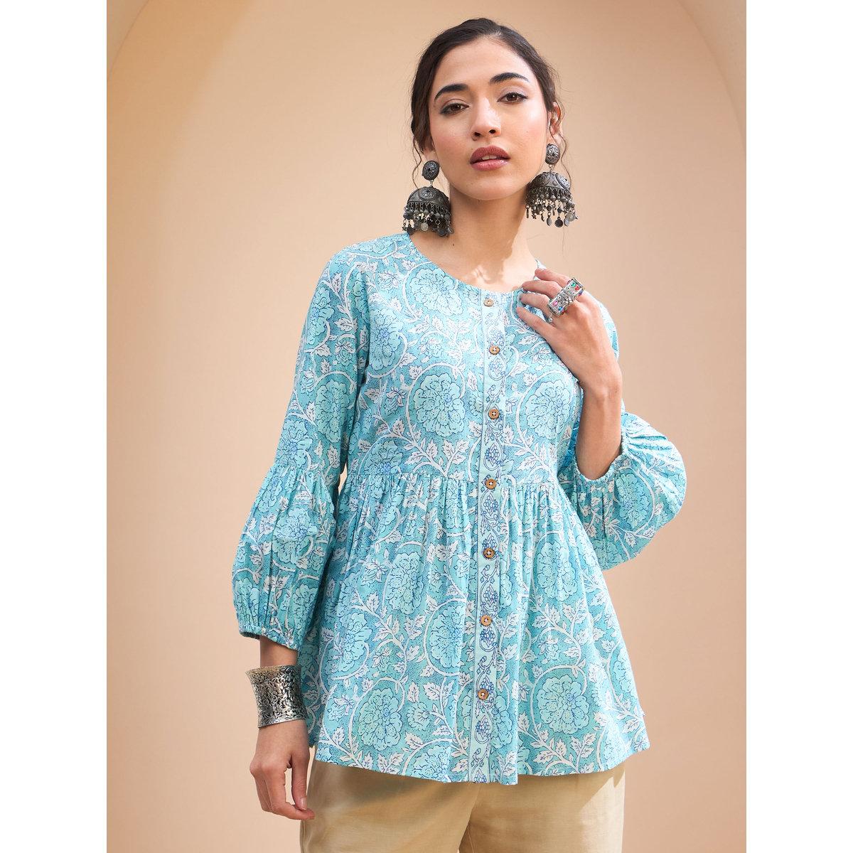 Sassafras Blue Floral Wood Buttoned Gathered Kurti-women-clothing-ethnicwear-kurtas-image-1