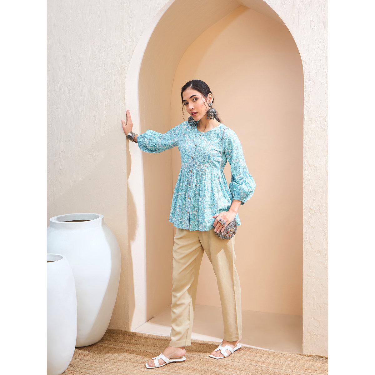 Sassafras Blue Floral Wood Buttoned Gathered Kurti-women-clothing-ethnicwear-kurtas-image-2