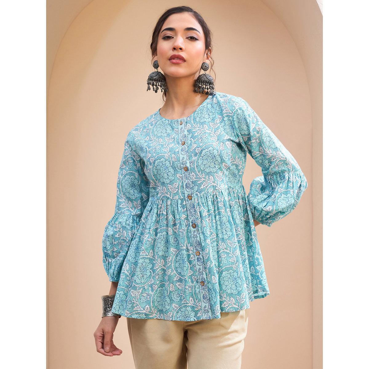 Sassafras Blue Floral Wood Buttoned Gathered Kurti-women-clothing-ethnicwear-kurtas-image-7