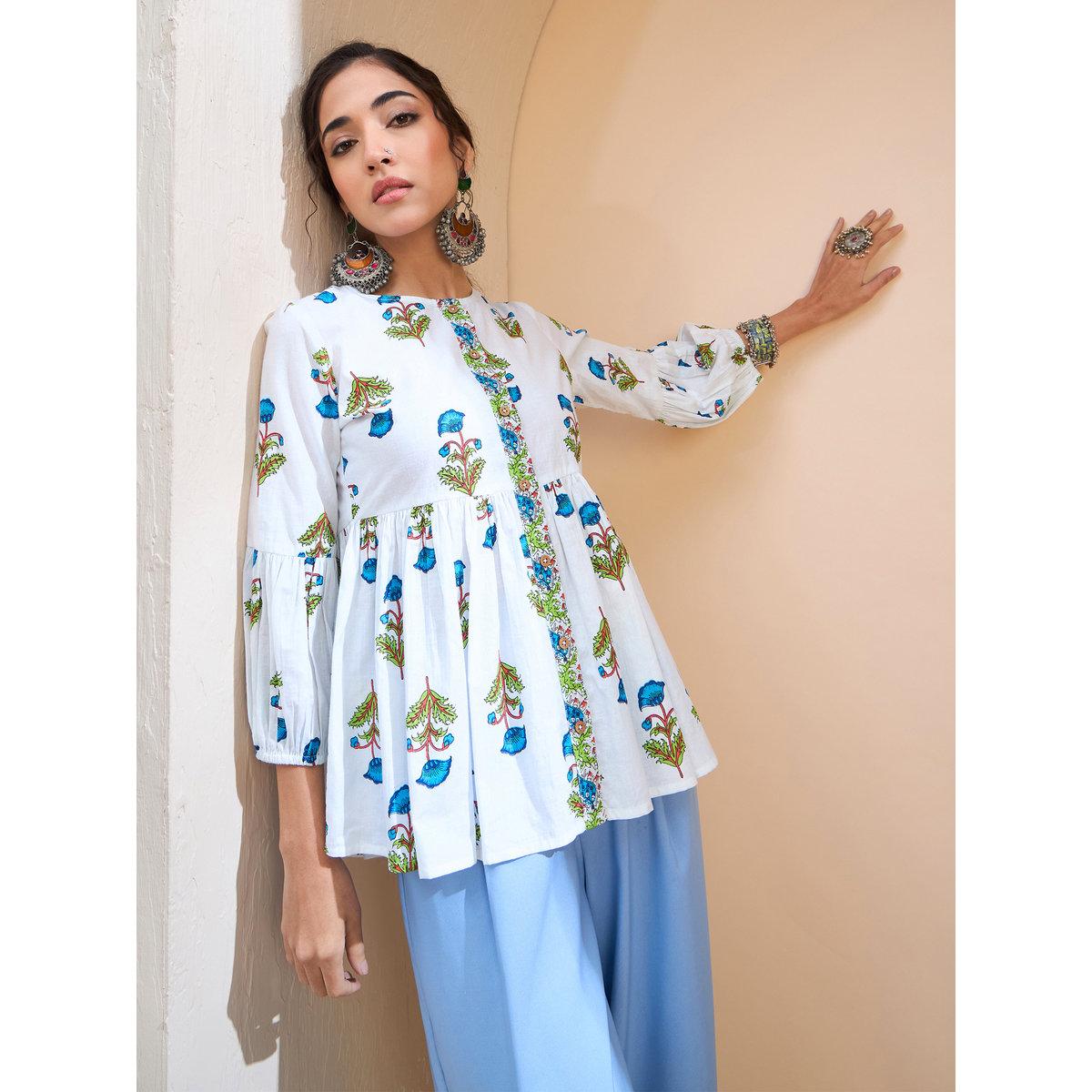 Sassafras White Floral Wood Buttoned Gathered Kurti-women-clothing-ethnicwear-kurtas-image-1