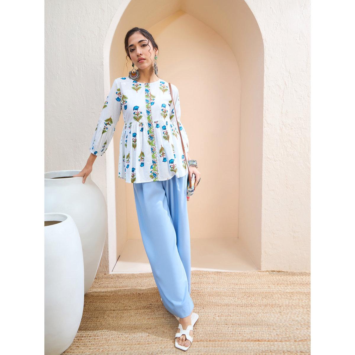 Sassafras White Floral Wood Buttoned Gathered Kurti-women-clothing-ethnicwear-kurtas-image-2